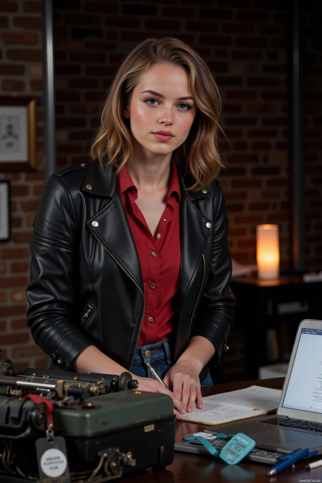 A woman in a leather jacket and red shirt stands at a desk with a typewriter, laptop, and notebook.
