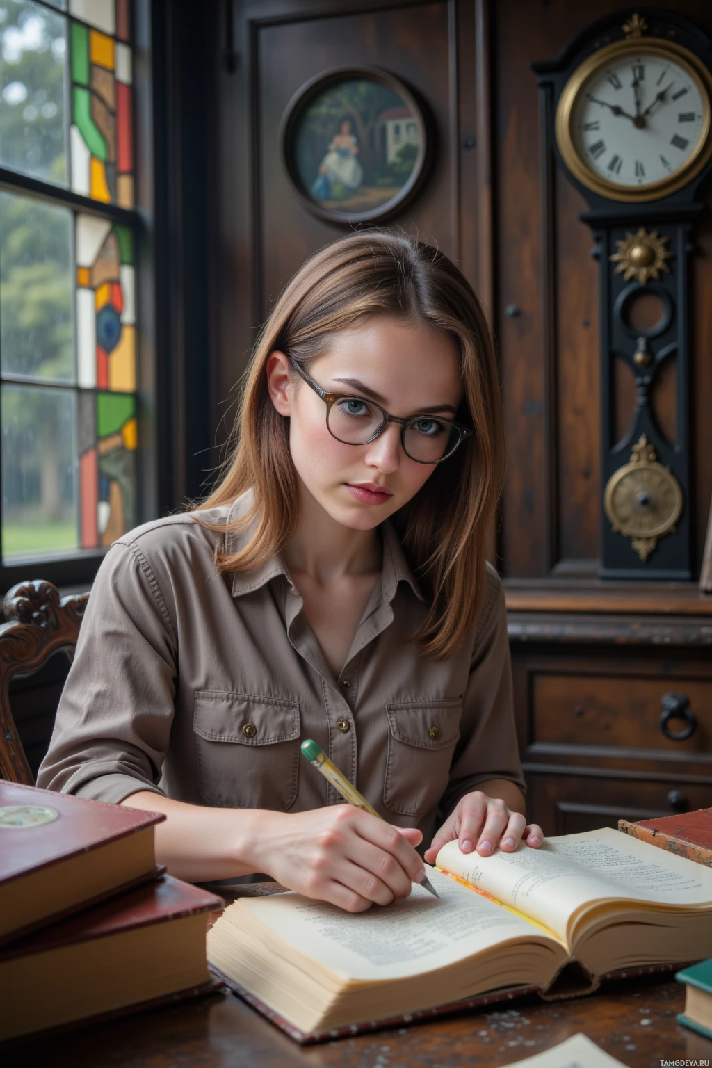 A young woman wearing glasses sits at a desk, writing in a book with a pencil.