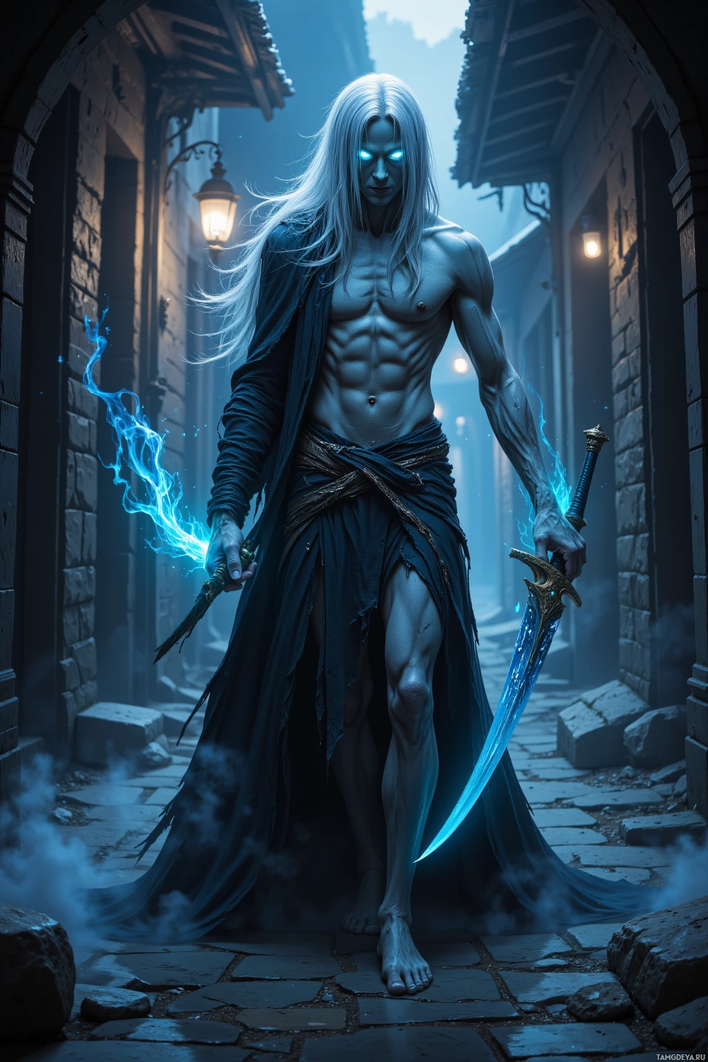 A muscular figure with long white hair and glowing blue eyes stands in a dimly lit alleyway, wielding a glowing blue sword.
