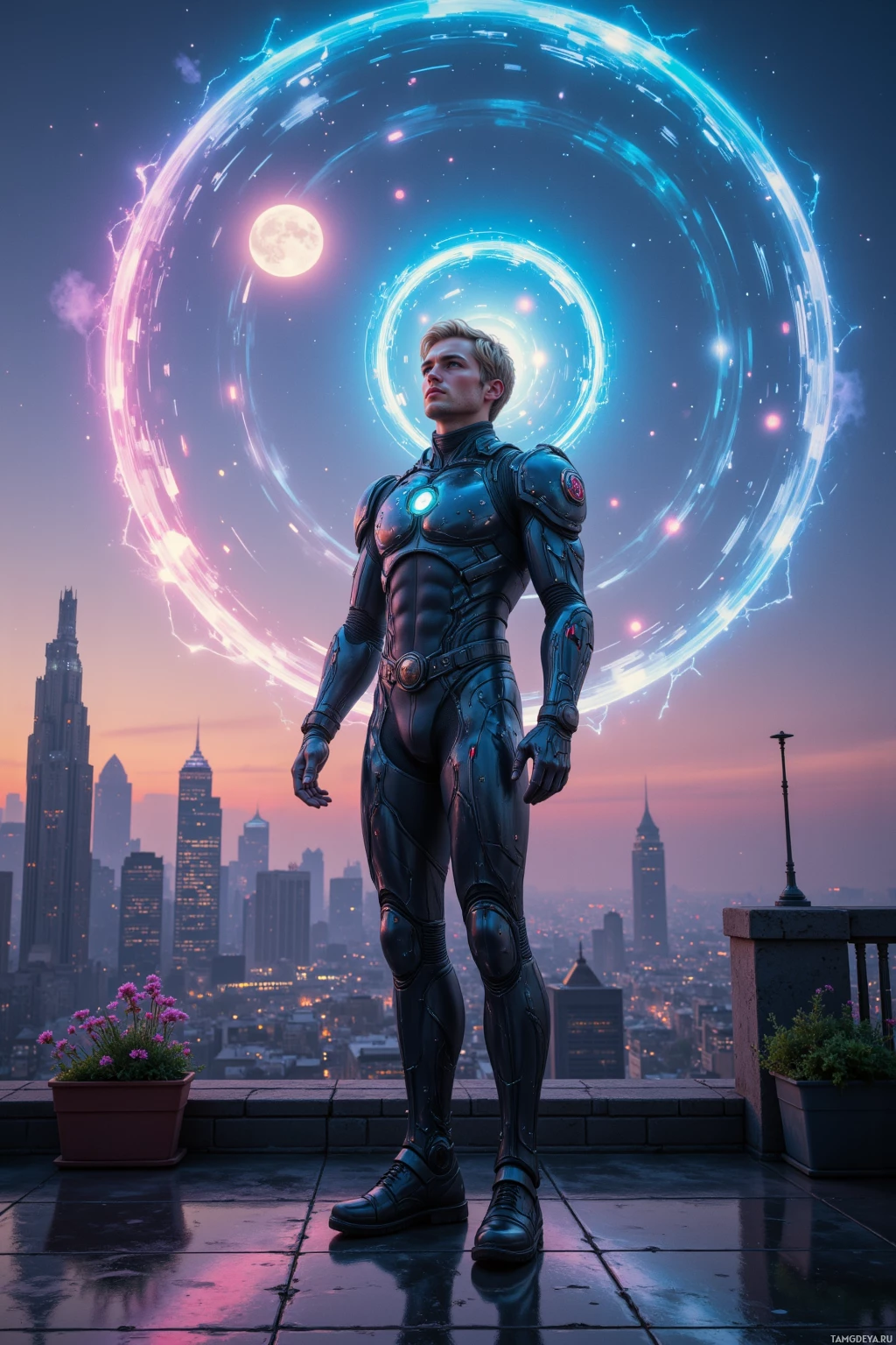 A futuristic armored figure stands on a rooftop overlooking a cityscape under a glowing, dynamic sky.