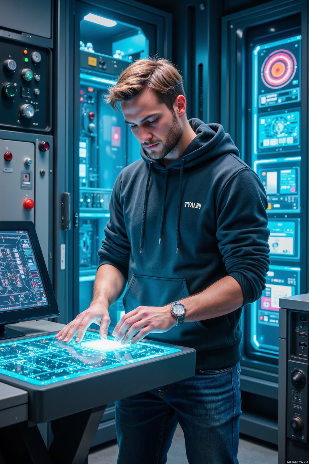 A man in a hoodie interacts with a futuristic touchscreen in a high-tech environment.
