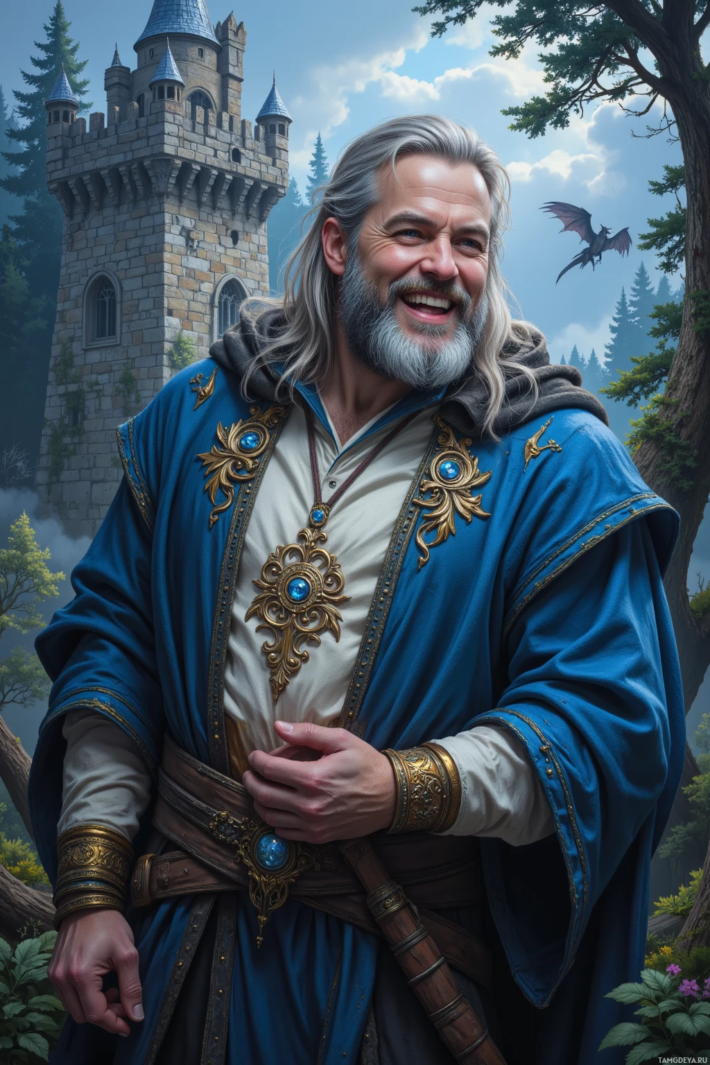 A man in a medieval-style outfit stands in front of a castle, smiling.