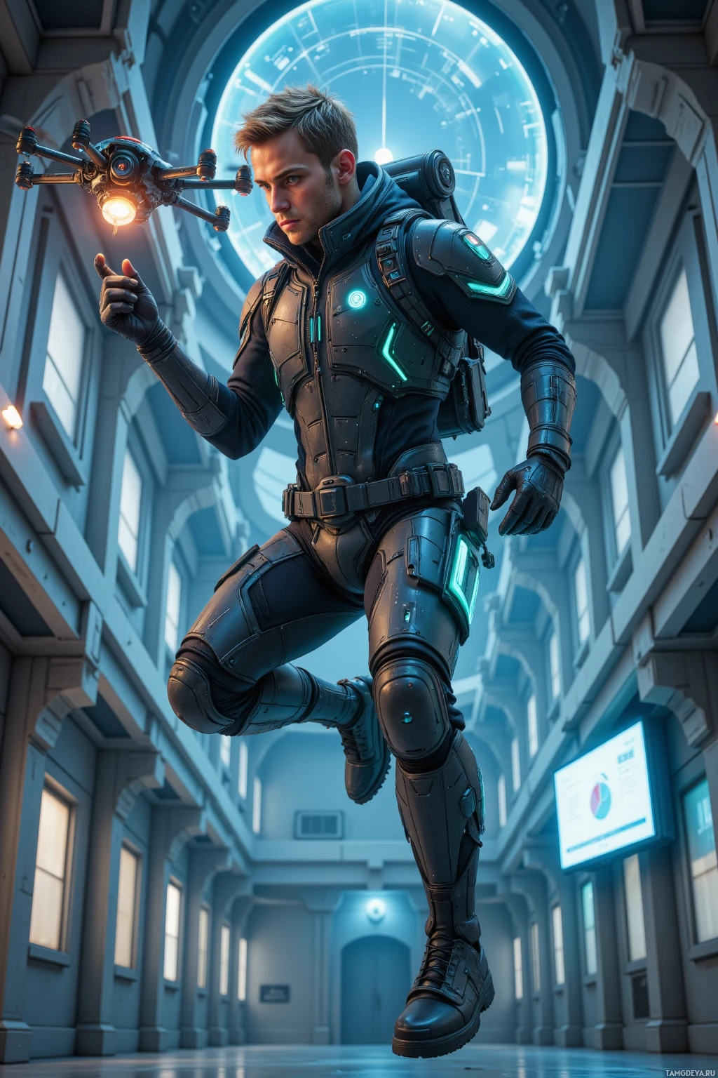 A futuristic character in advanced armor is floating in a high-tech corridor.