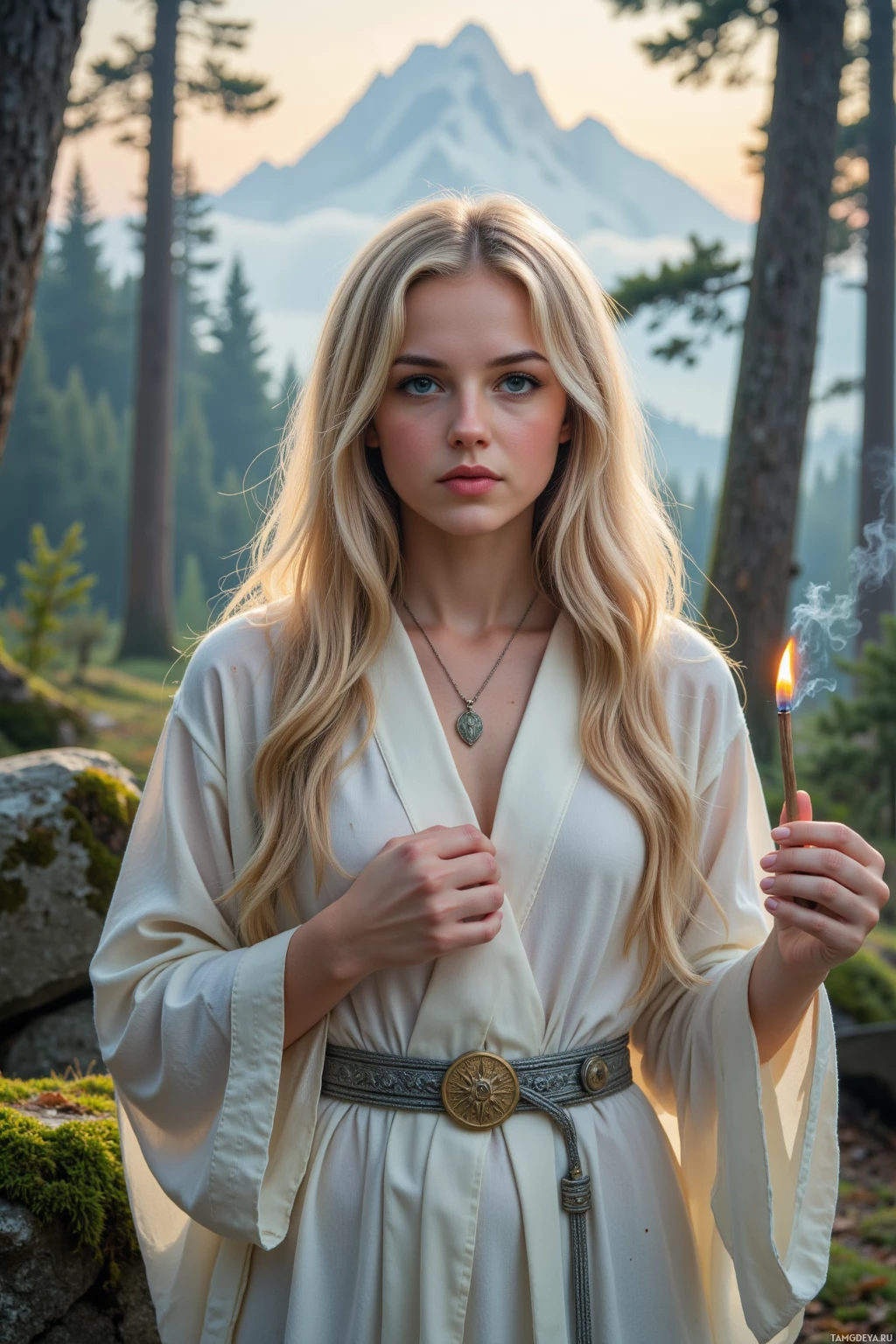 A woman in a white robe holds a lit candle, standing in a forest with mountains in the background.