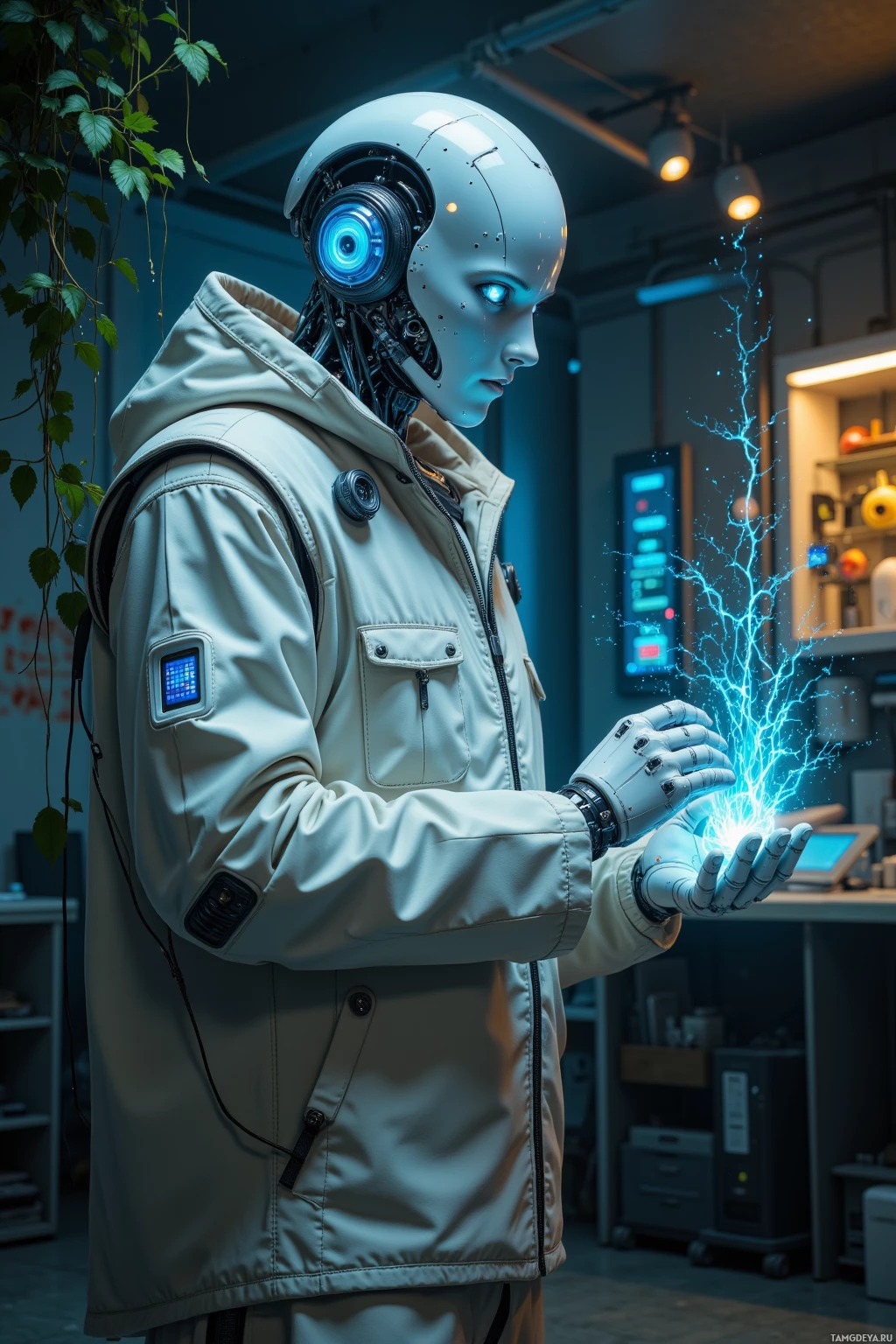 A humanoid robot in a lab setting holds a glowing blue energy field.
