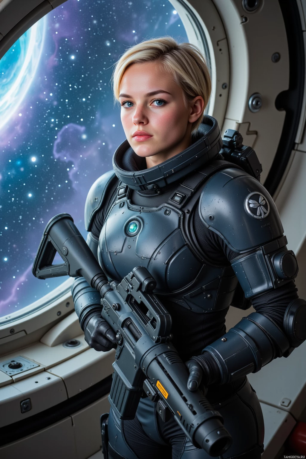 A person in futuristic armor stands inside a spacecraft, holding a large weapon, with a starry space view through the window.