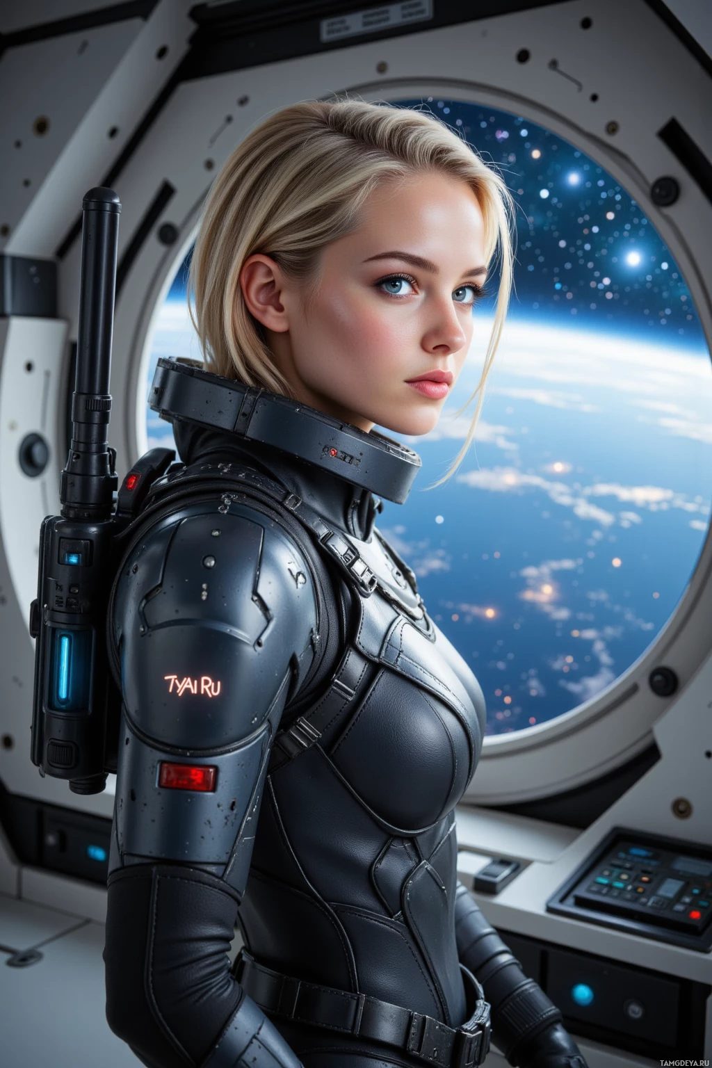 A woman in a futuristic space suit stands inside a spacecraft, gazing out at a view of Earth and stars.