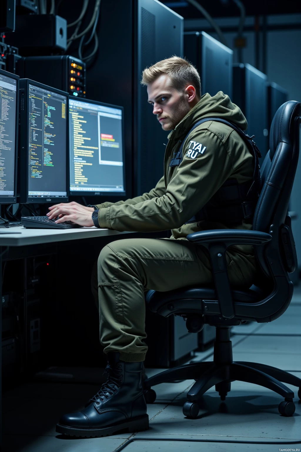 A person in military attire is seated at a desk working on a computer in a dimly lit room.