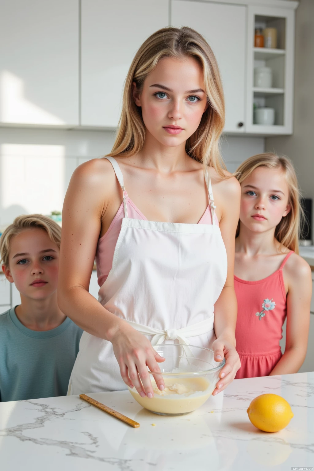 A woman and two children are in a kitchen, with the woman mixing ingredients in a bowl.