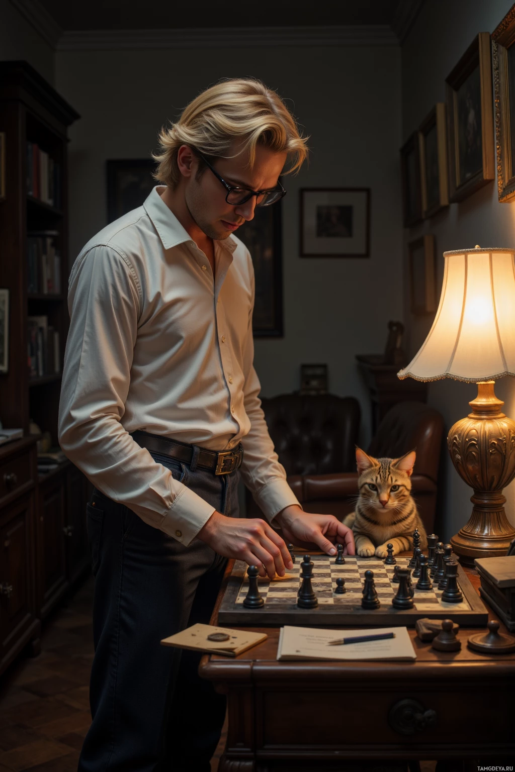 A man in a white shirt plays chess with a cat in a warmly lit room.