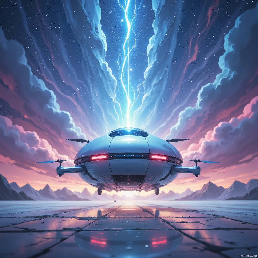 A futuristic flying vehicle hovers above a cracked surface, with a vibrant sky and lightning streaks in the background.