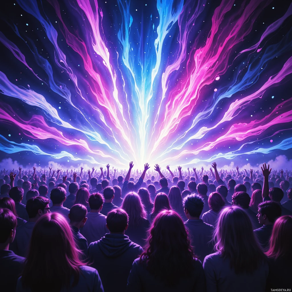 A vibrant crowd with raised hands under a cosmic sky of swirling colors.