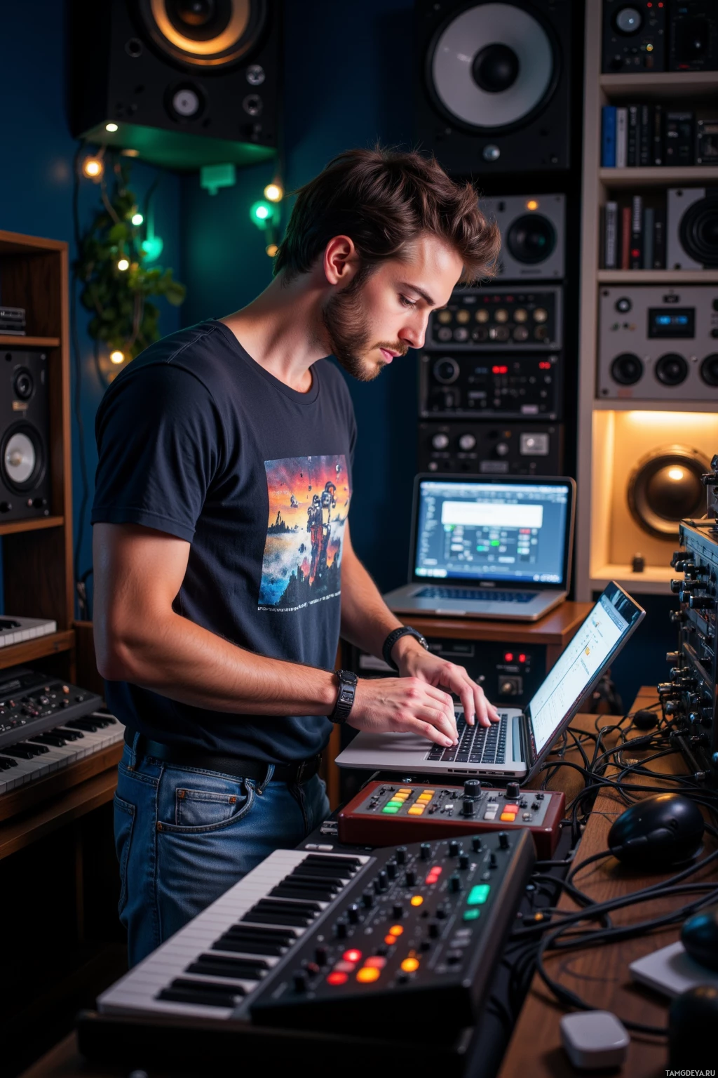 A person is working in a music studio, using a laptop and various audio equipment.