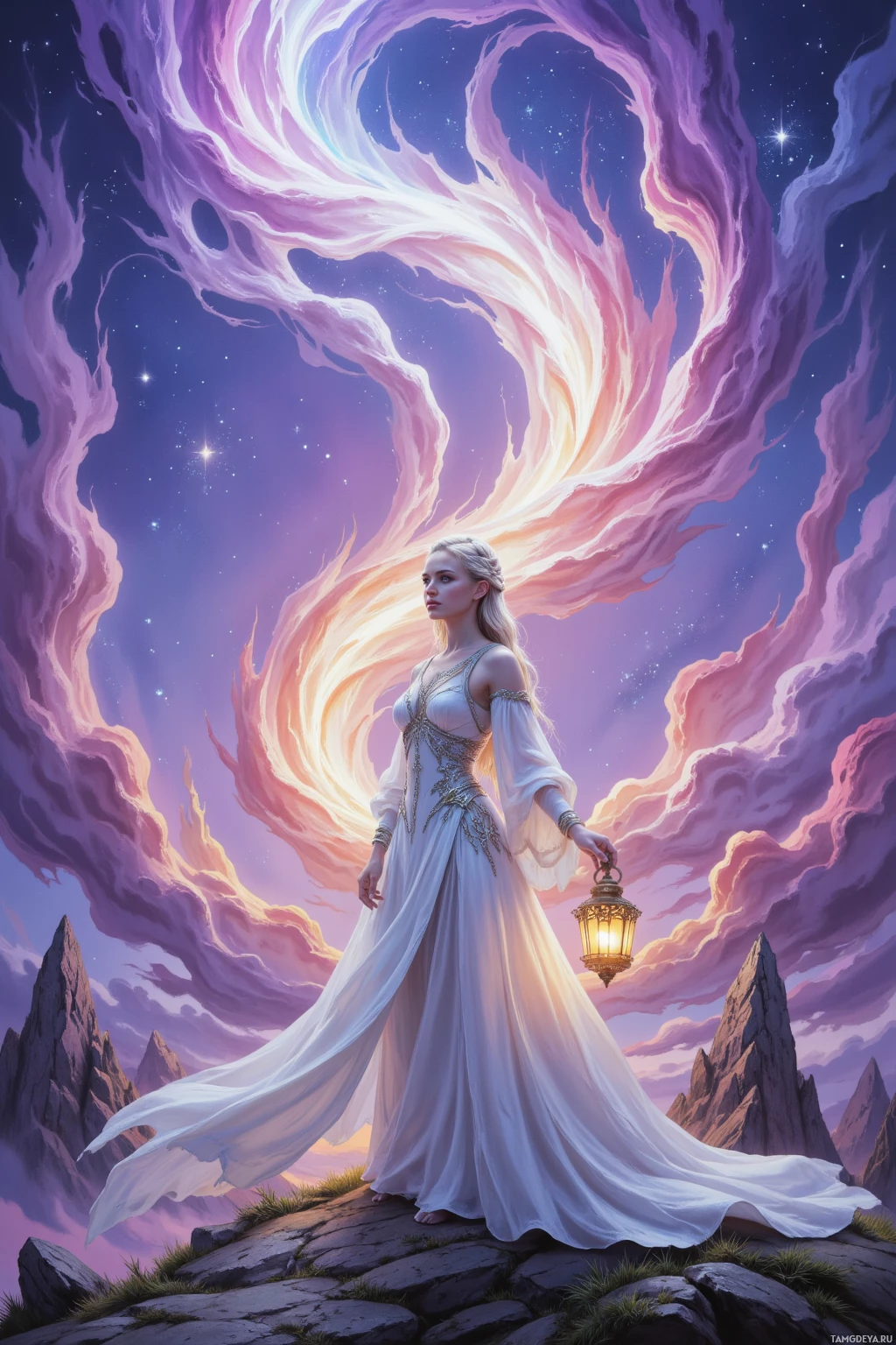 A woman in a flowing white gown stands on a rocky peak, holding a lantern, with swirling ethereal clouds and a starry sky in the background.