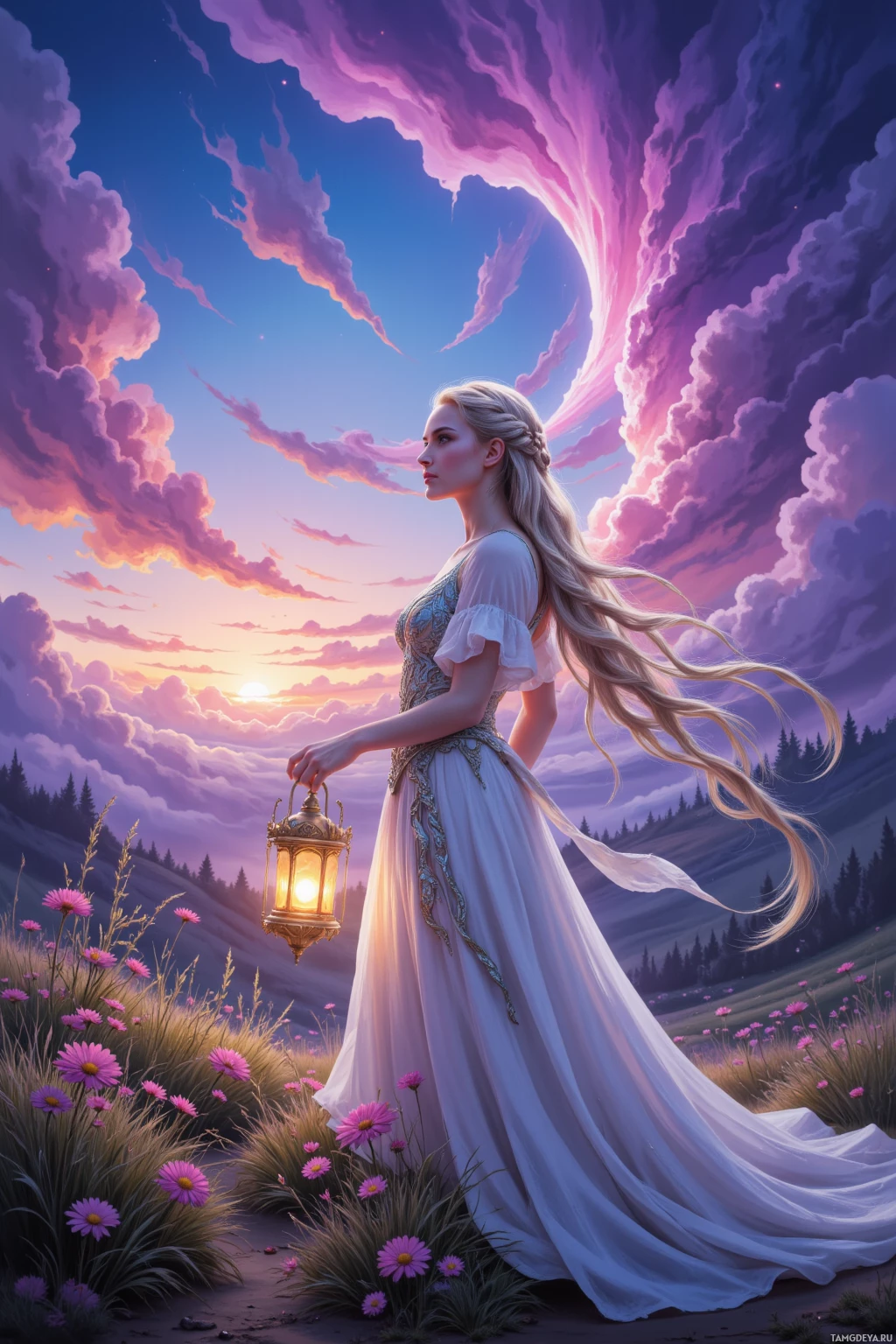 A woman in a flowing dress holds a lantern amidst a vibrant sunset landscape.