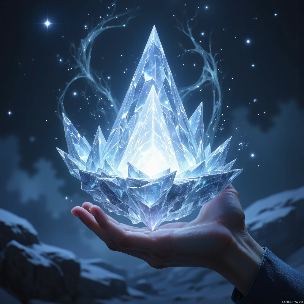 A hand holds a glowing, crystalline pyramid against a starry night sky.
