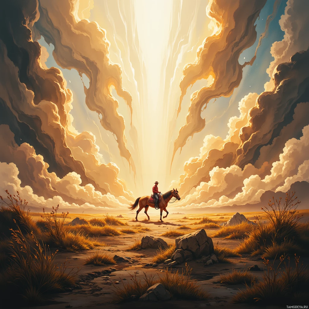 A lone rider on horseback traverses a vast, sunlit desert landscape under a dramatic sky.