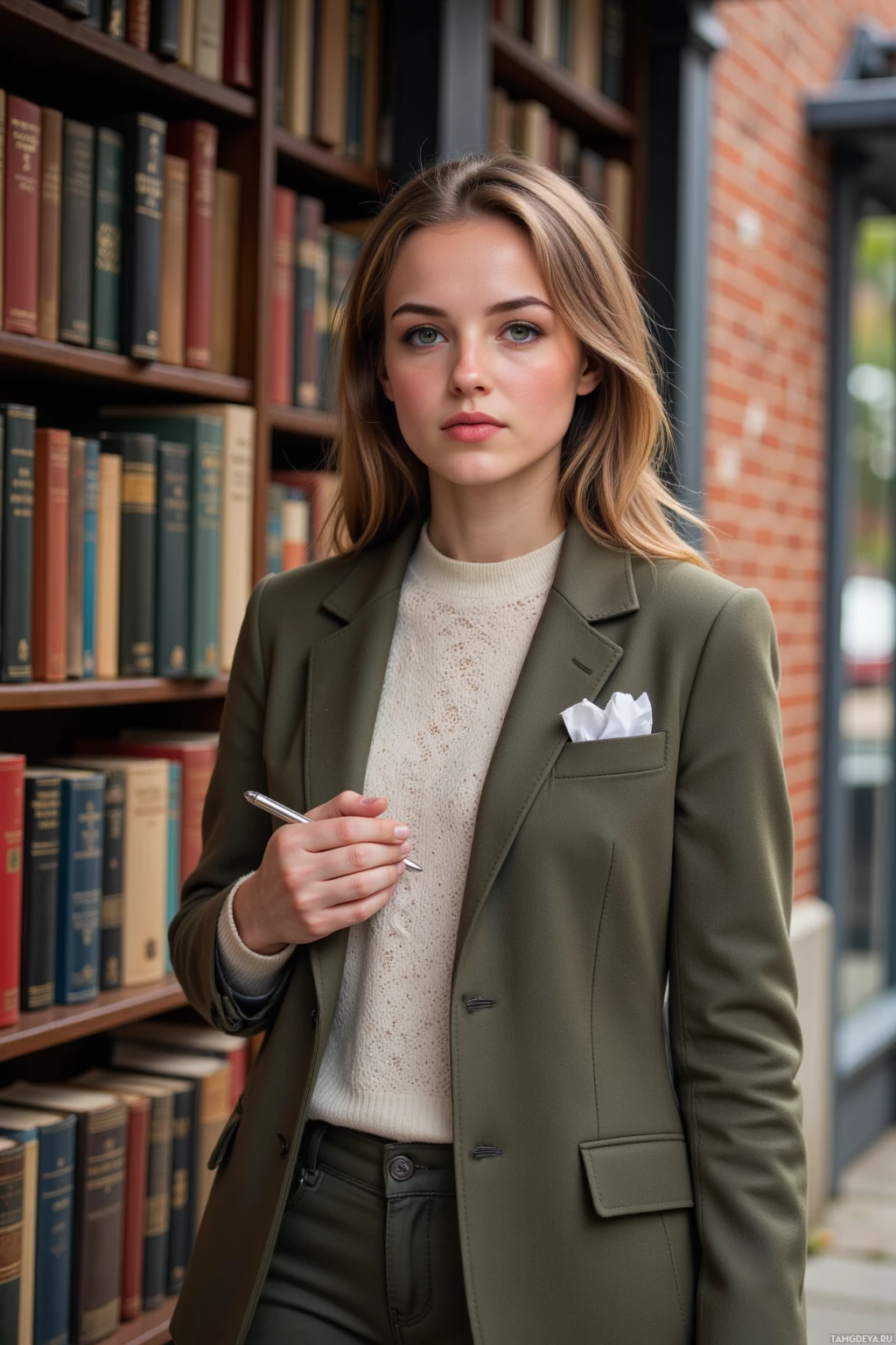 A woman in a professional outfit stands in front of a bookshelf.