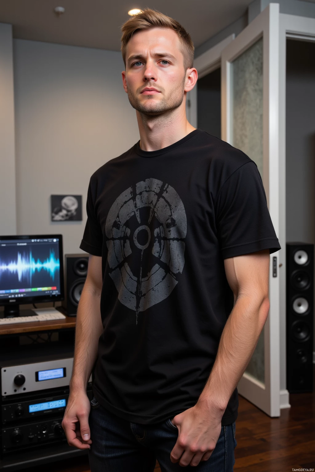 A man stands in a room with audio equipment, wearing a black t-shirt with a circular graphic.