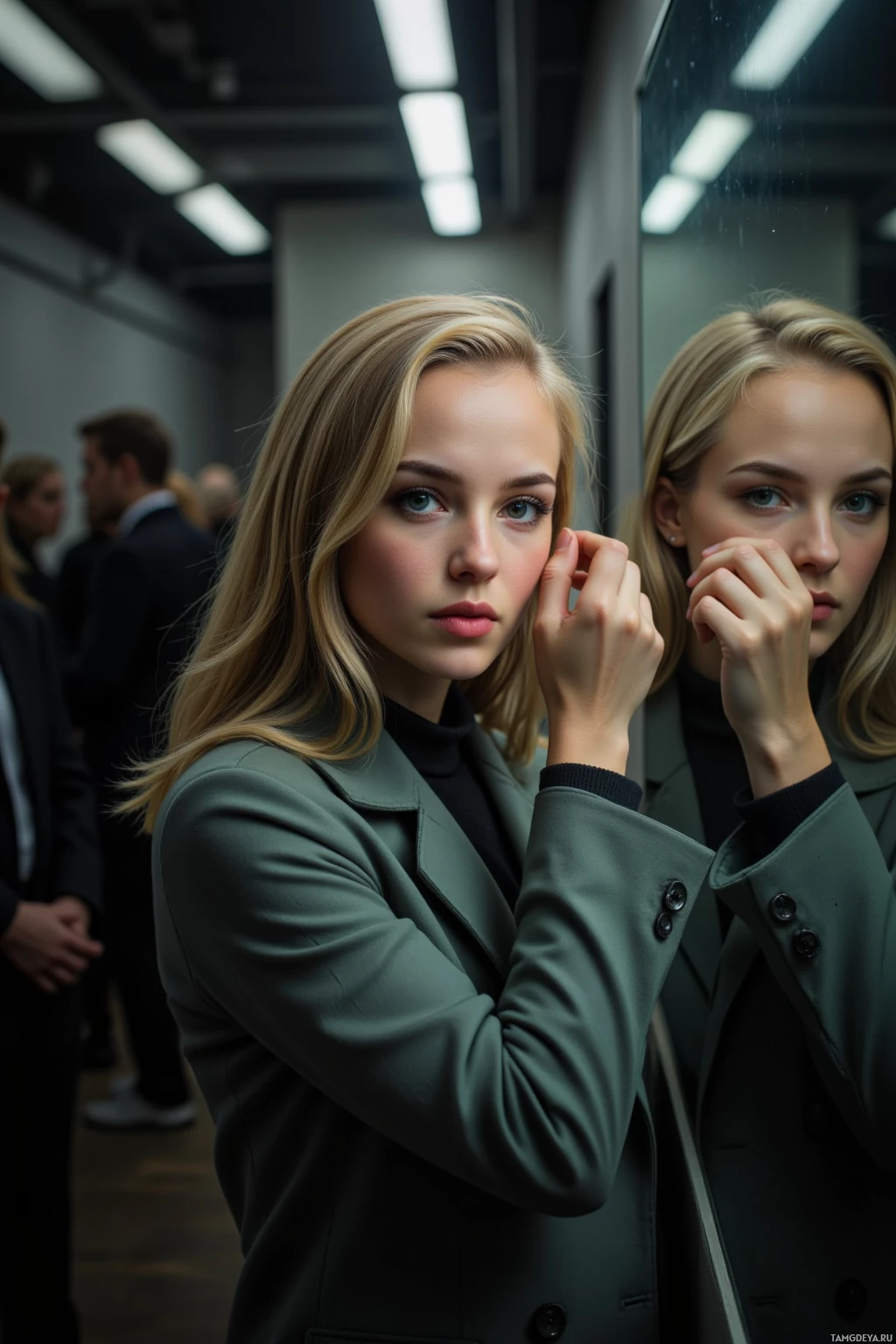A woman in a green coat stands in a hallway with others in the background.