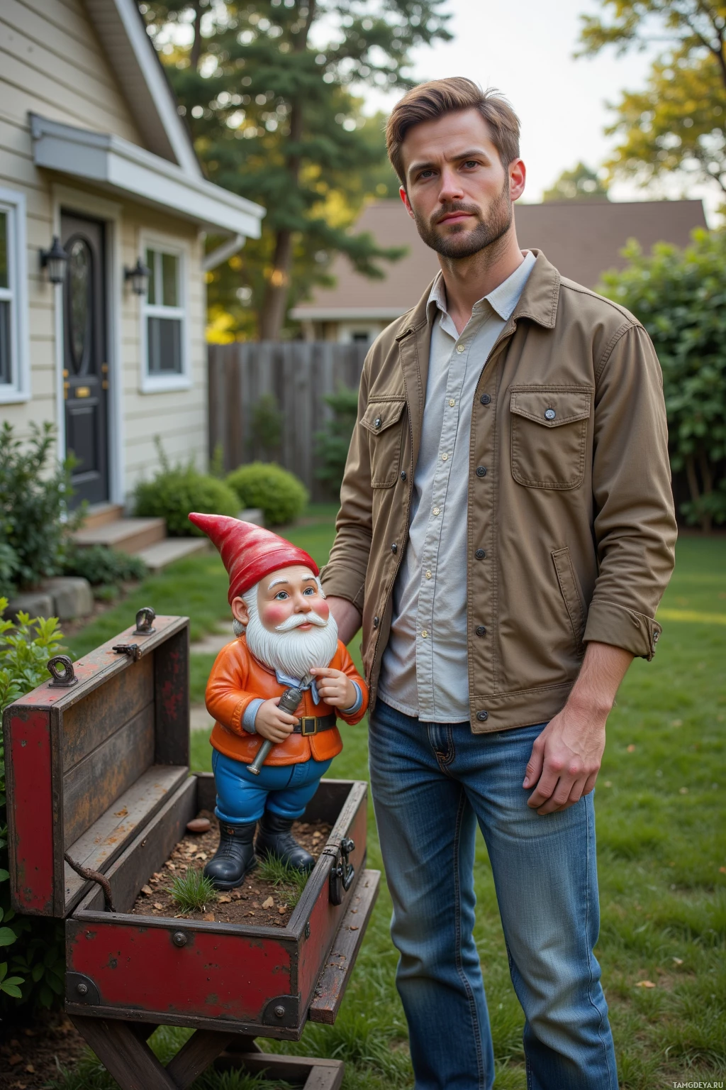 A man stands in a garden with a small gnome figurine in a red wagon.