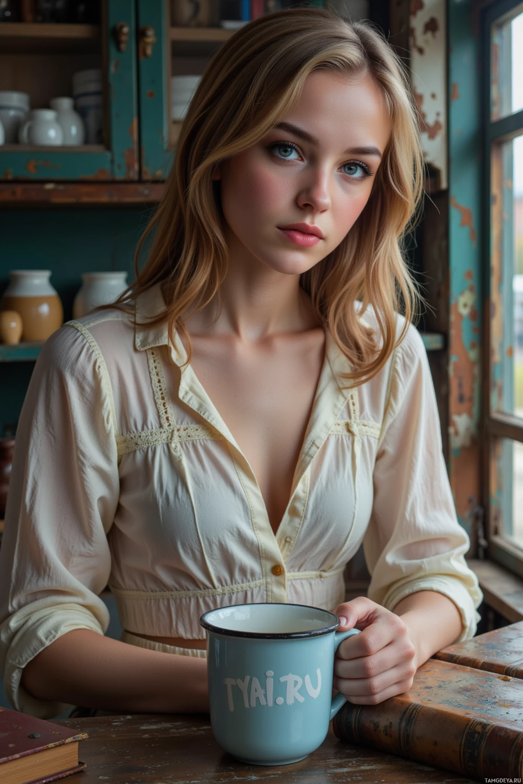 A woman in a light-colored blouse holds a mug with text on a rustic table.