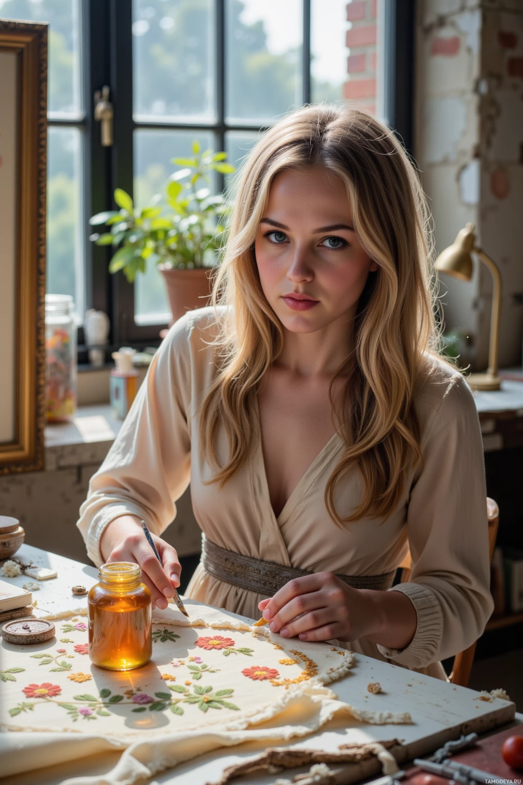 A woman is sitting at a table, working on embroidery with a needle and thread.