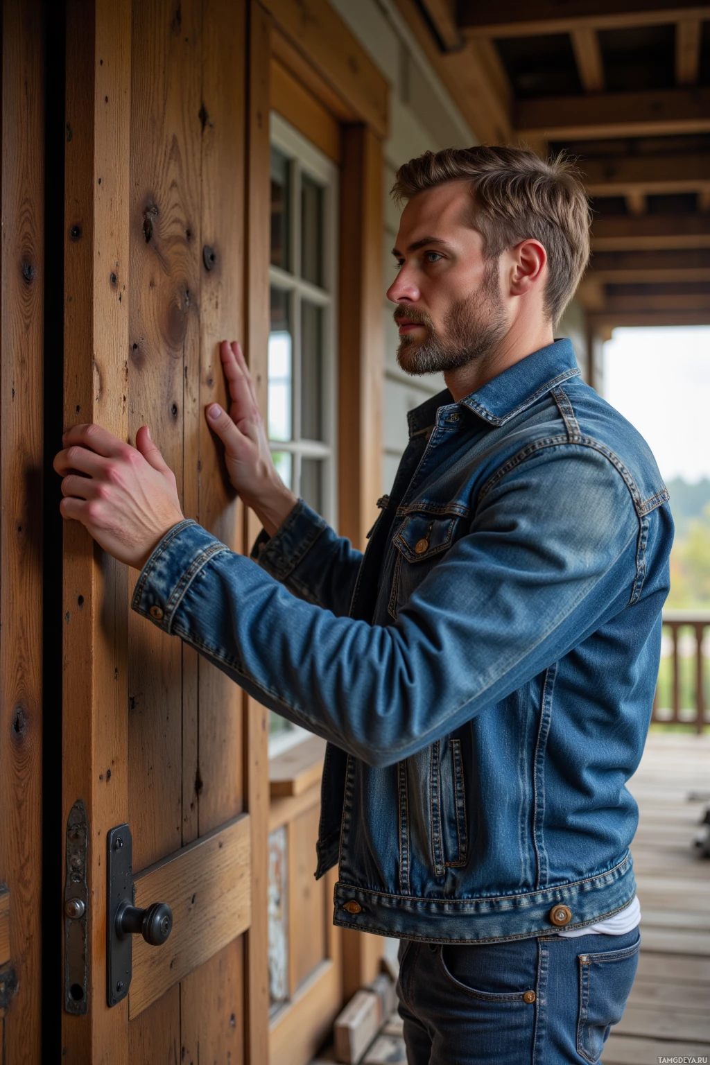 A man in a denim jacket stands on a wooden porch, leaning against a door.