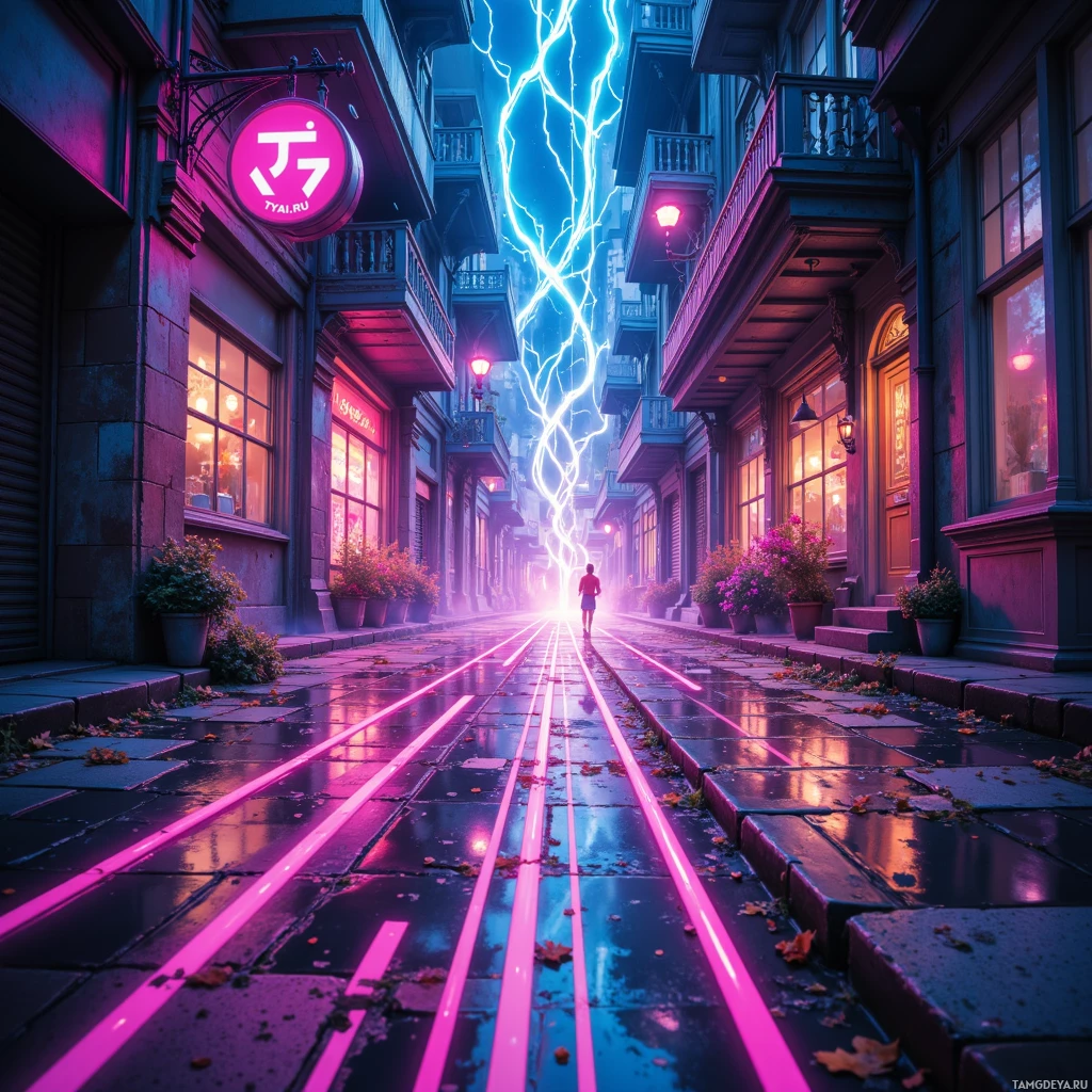 A vibrant city street scene with glowing pink lines on the wet pavement and a person walking towards a bright light at the end of the alley.
