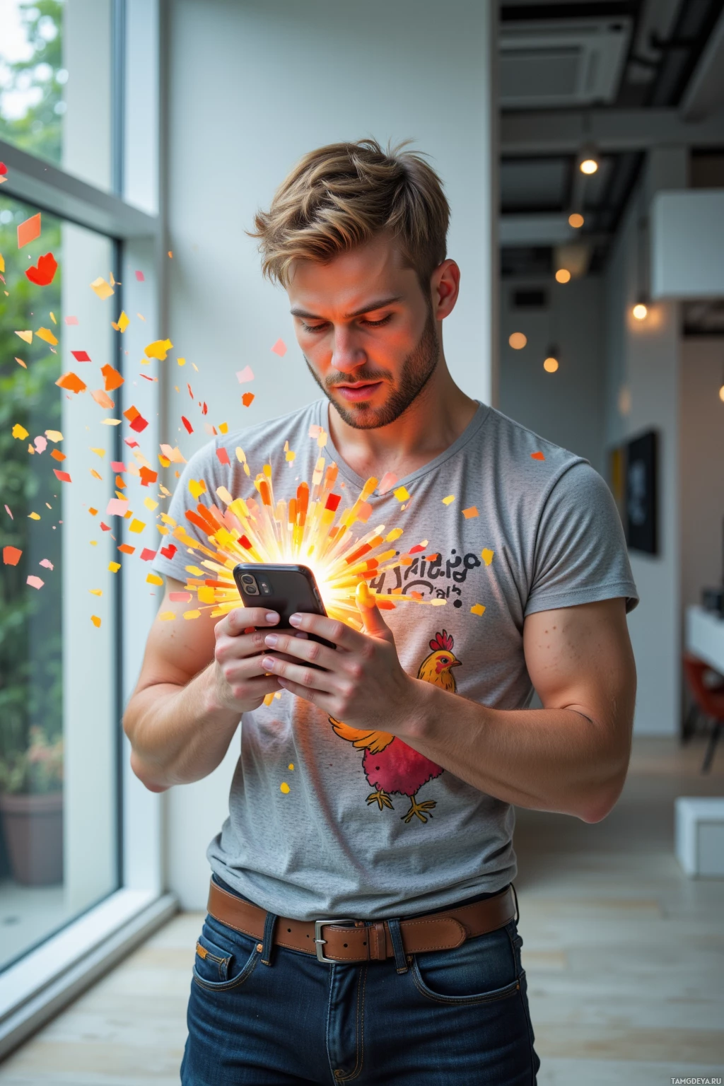 A man in a casual shirt and jeans is looking at his phone with colorful confetti-like effects around him.