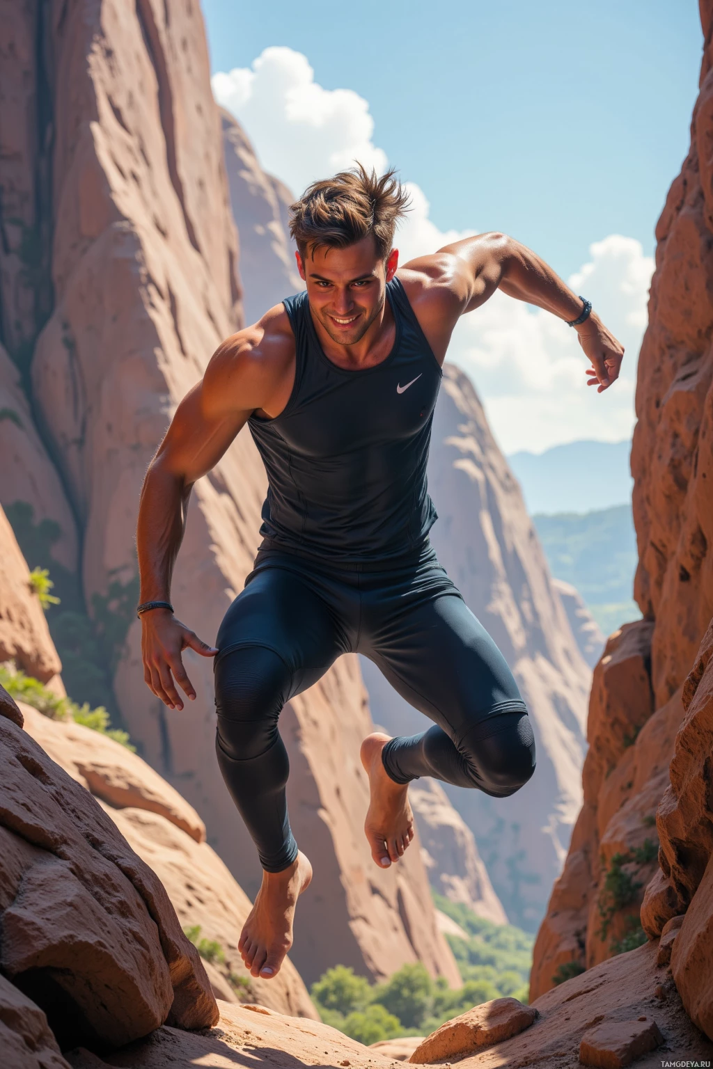 A muscular man in athletic attire is captured mid-jump against a backdrop of red rock formations and a clear sky.