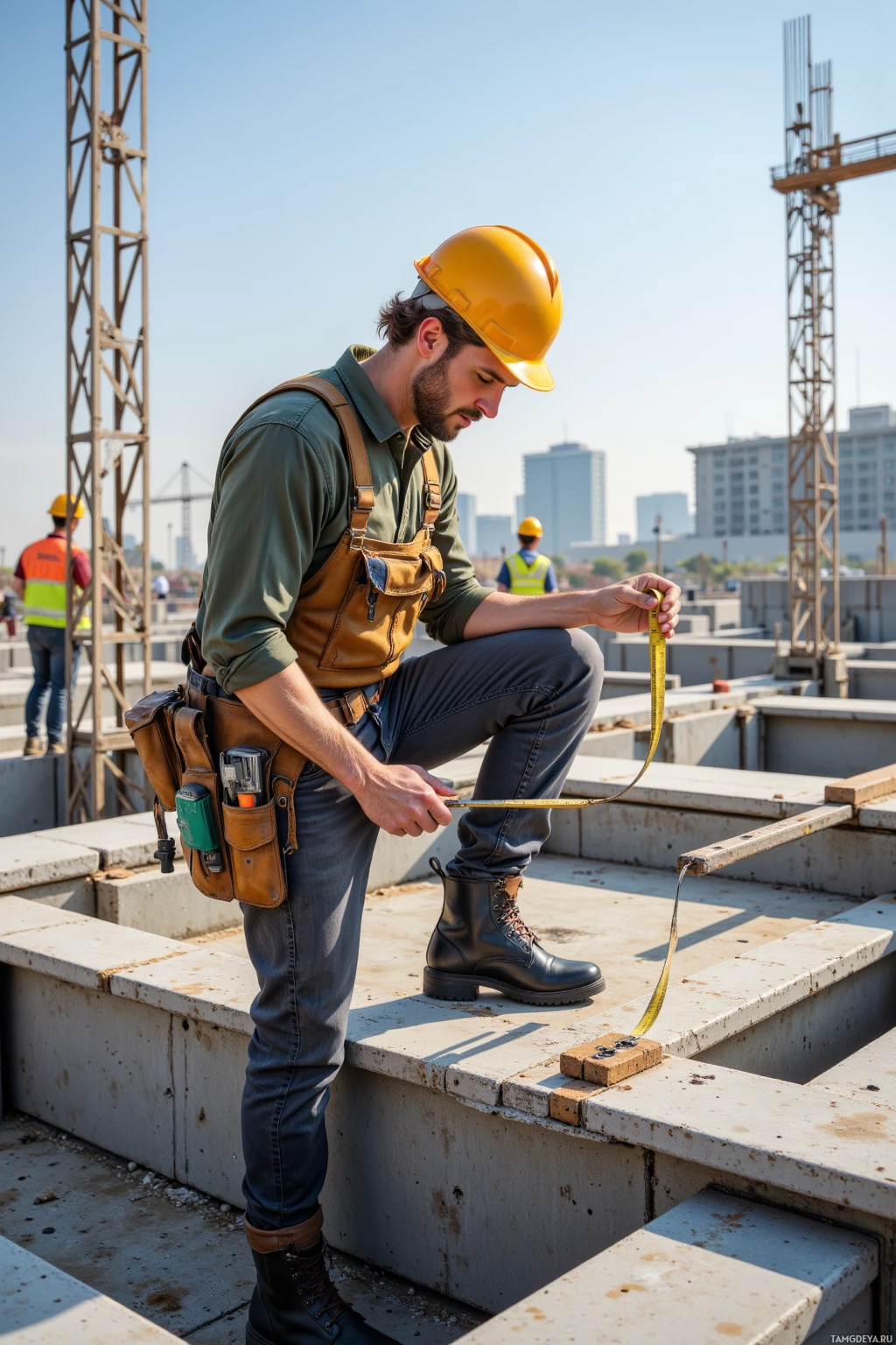 A construction worker in a hard hat and safety gear measures a concrete structure with a tape measure.