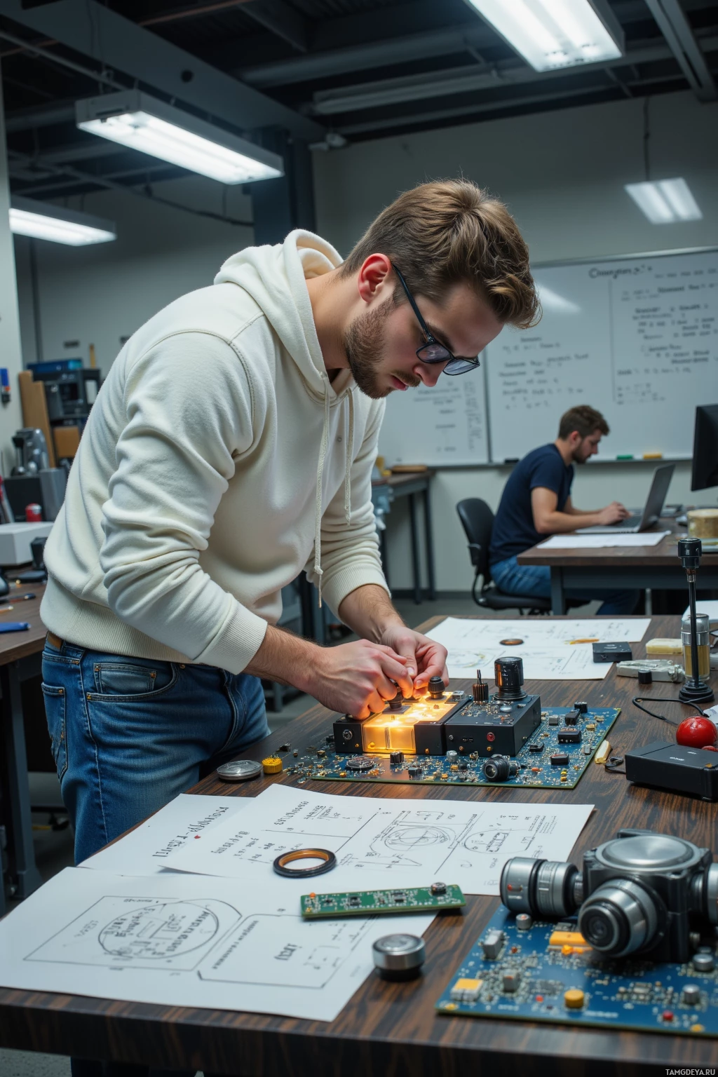 A person is working on a circuit board in a lab setting.