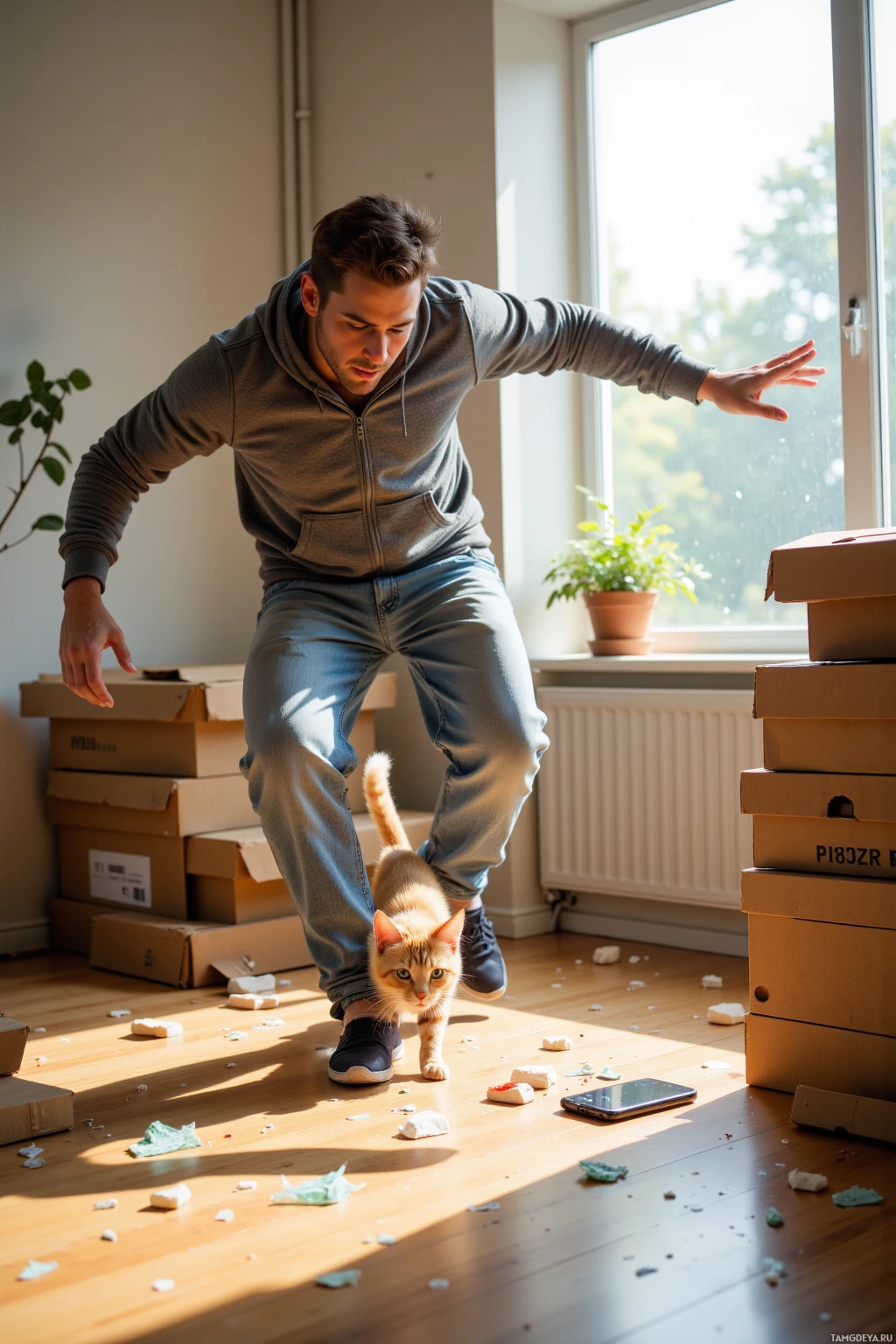 A man in a hoodie and jeans is in a room with boxes and a cat, appearing to be in motion.
