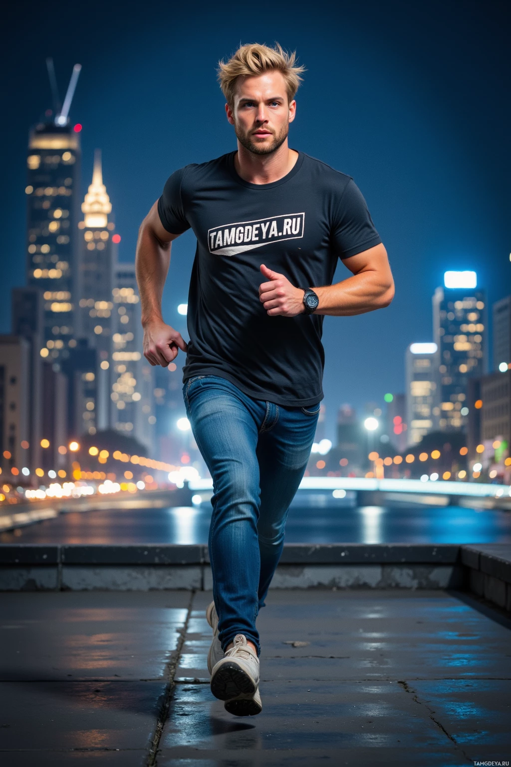 A man runs on a city street at night, wearing a dark t-shirt and jeans.