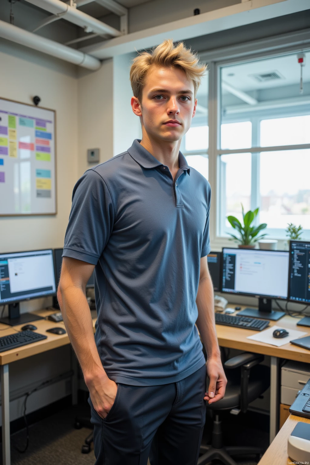 A person stands in an office environment, wearing a blue polo shirt and dark pants, with hands in pockets.