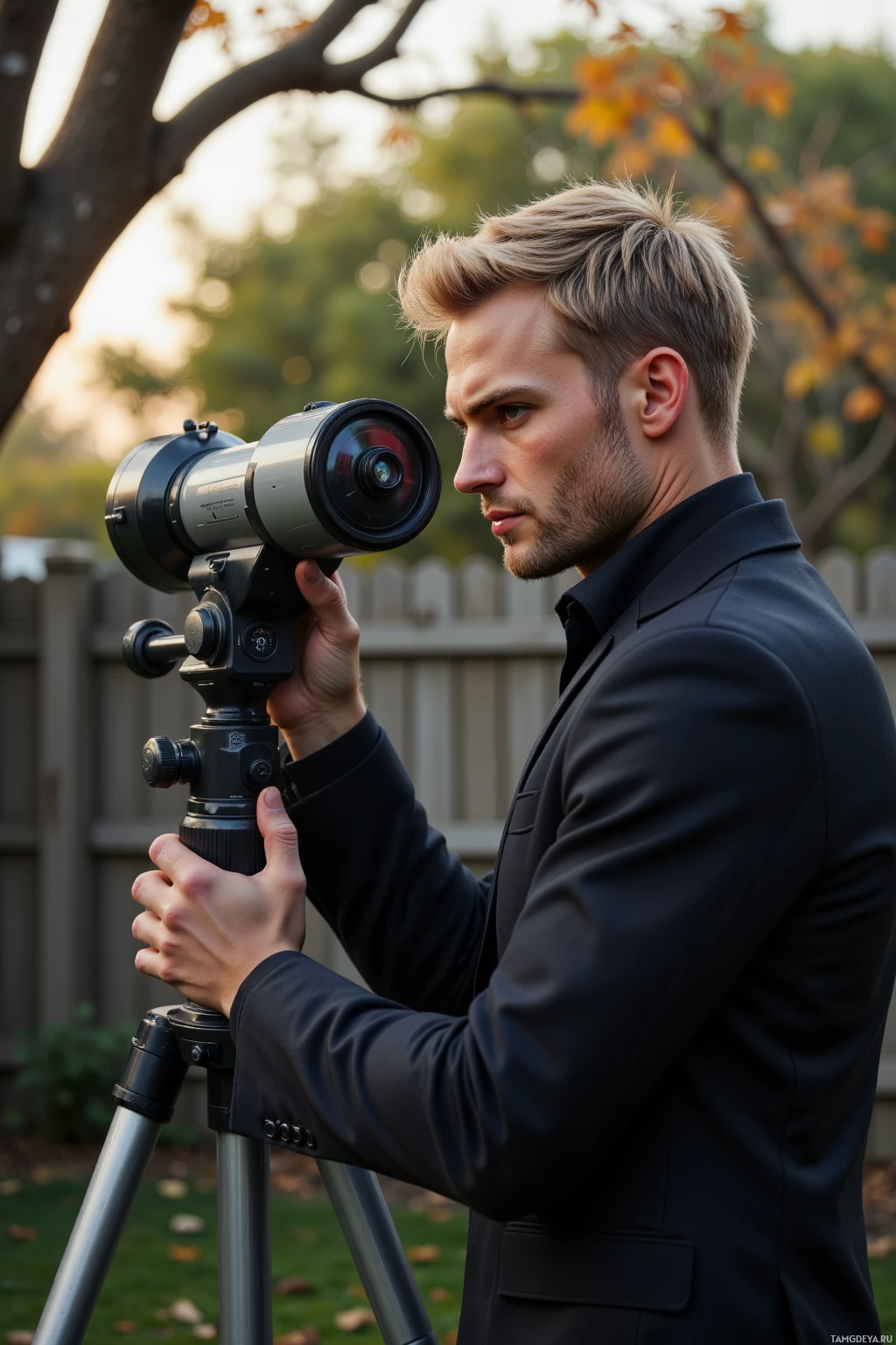 A man in a suit is using a telescope on a tripod outdoors.