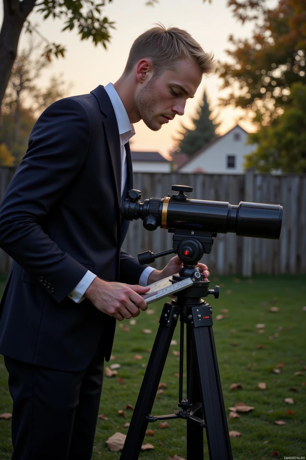 A man in a suit adjusts a telescope on a tripod in a grassy yard.