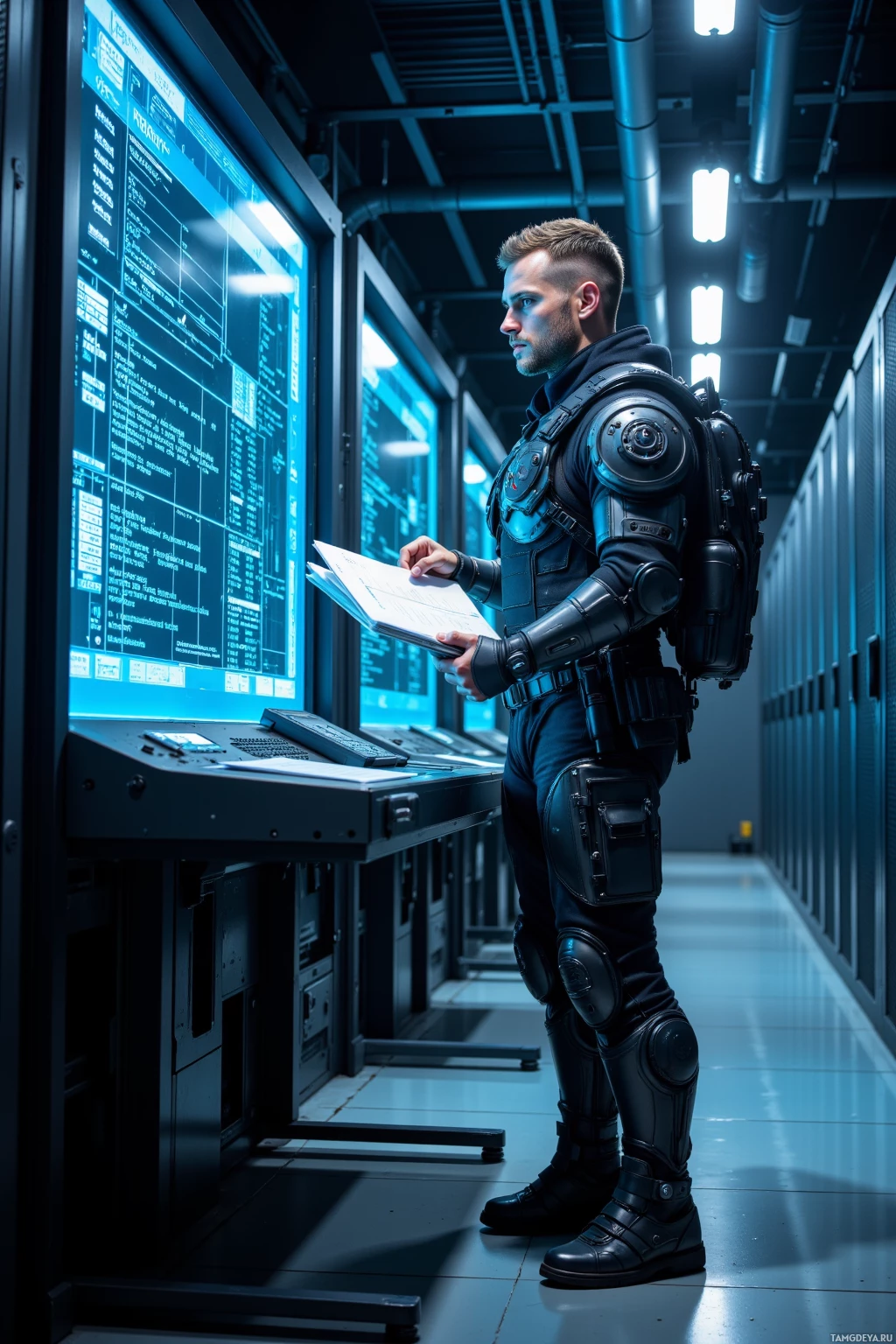 A person in futuristic armor stands in a dimly lit corridor, reviewing documents in front of a large digital display.