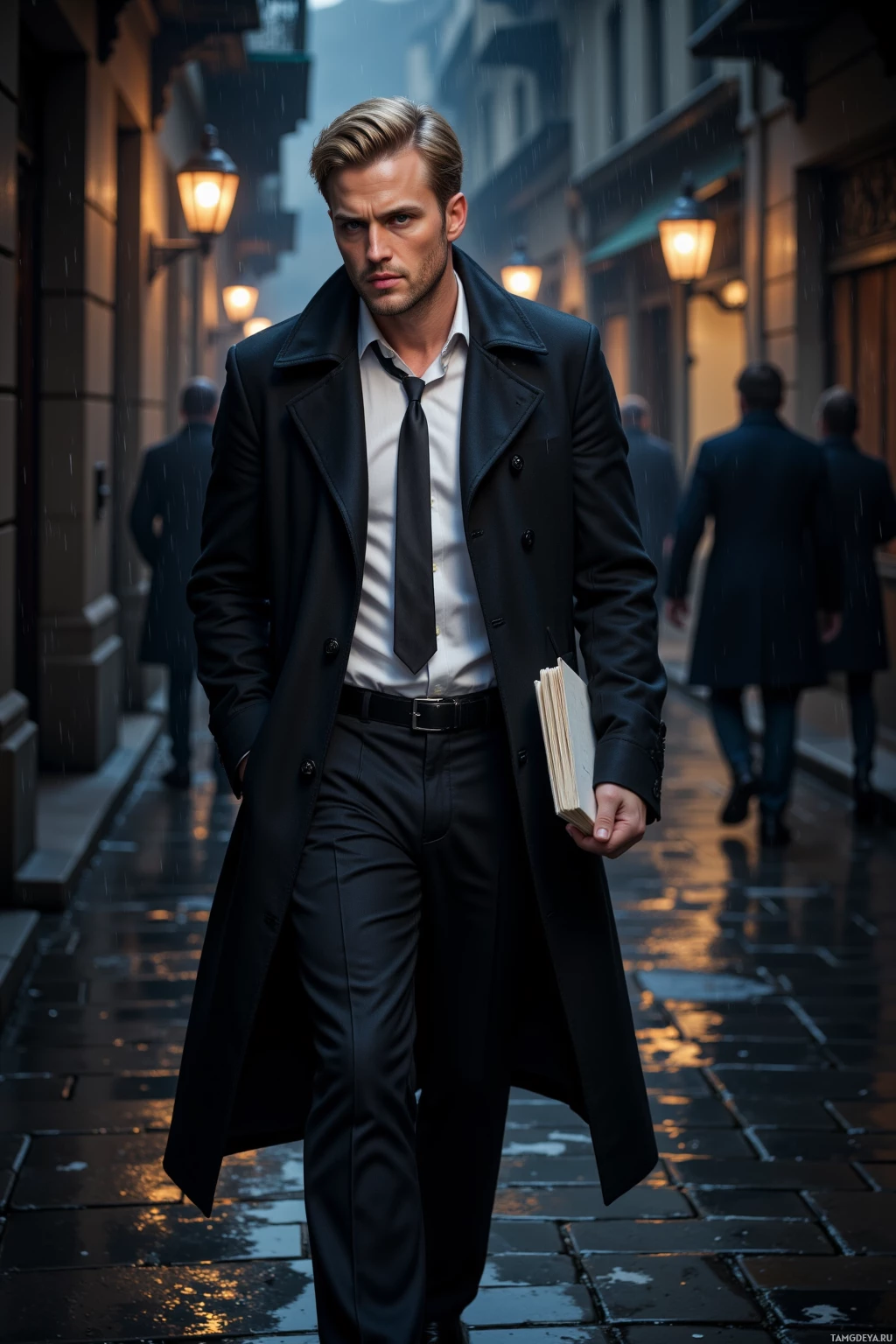 A man in a black coat and tie walks down a rainy street.