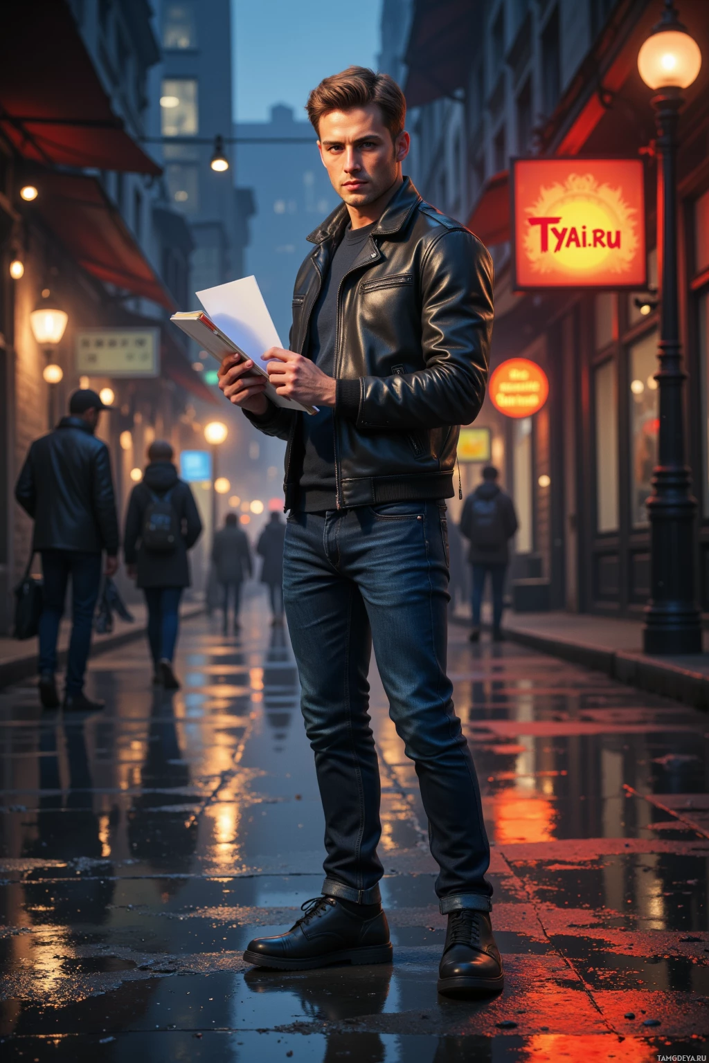 A man stands on a wet street at dusk, holding a book, with a sign reading "Tyai.ru" in the background.