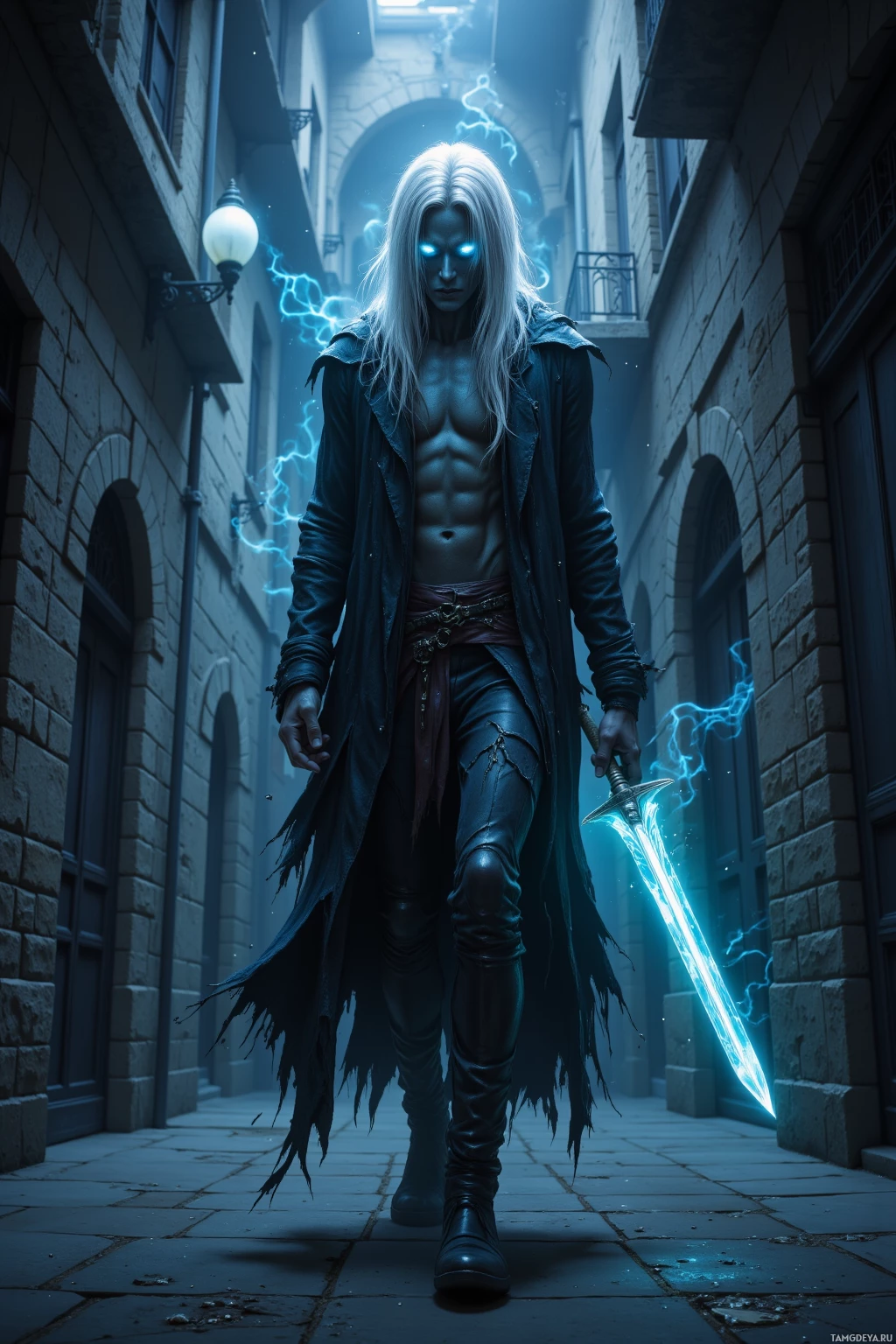 A figure with long white hair and glowing blue eyes stands in a dimly lit alleyway, wielding a glowing sword.