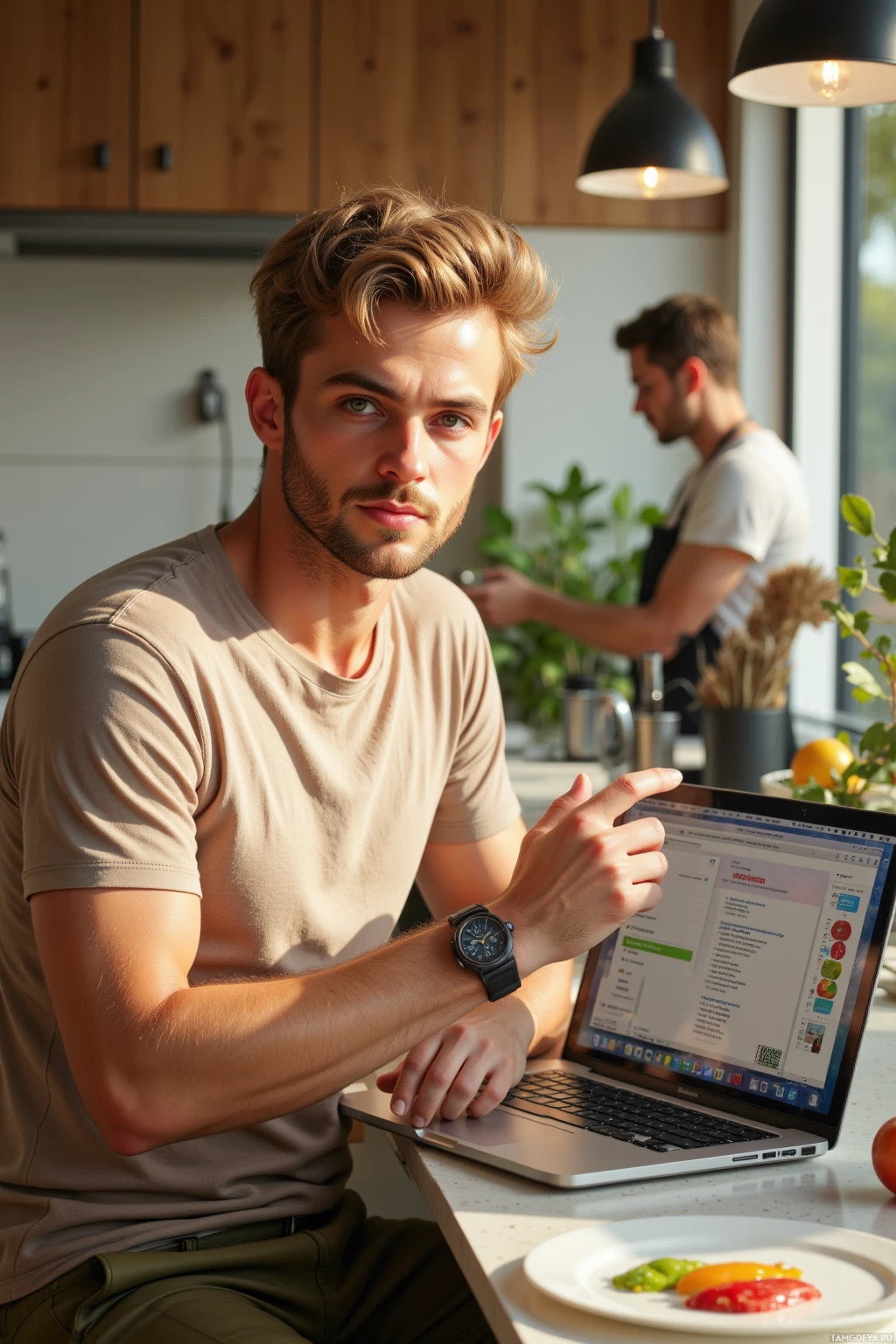 A man sits at a kitchen counter with a laptop, while another person is in the background.