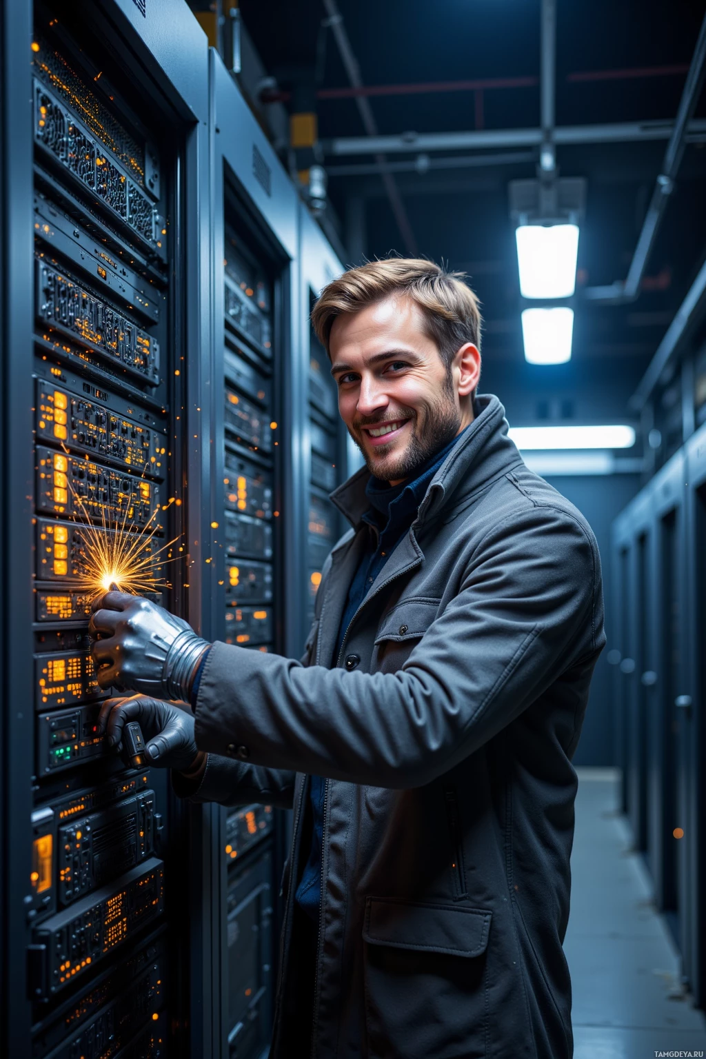 A man in a server room smiles while interacting with server equipment.