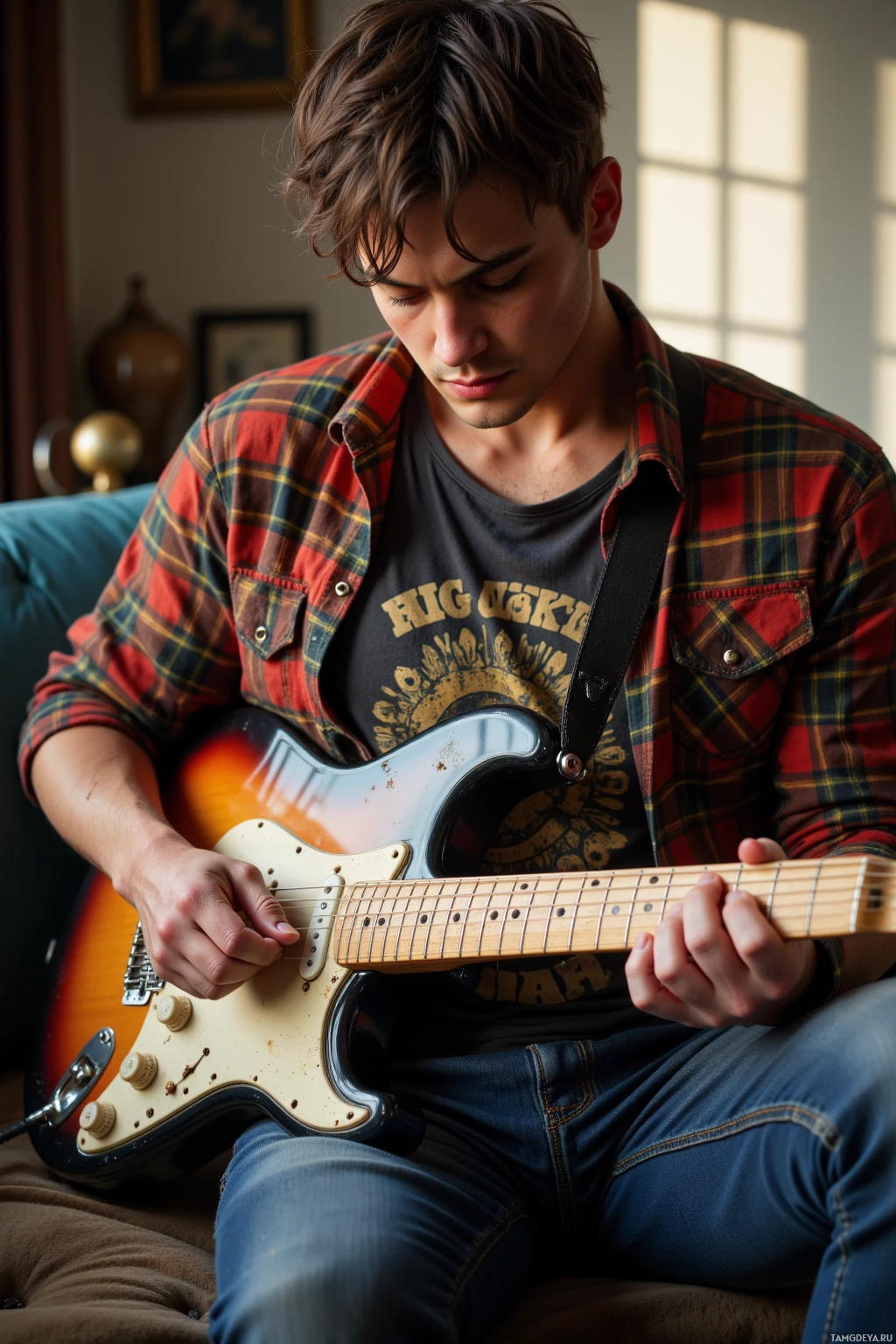 A young man in a plaid shirt plays a sunburst electric guitar while seated on a couch.