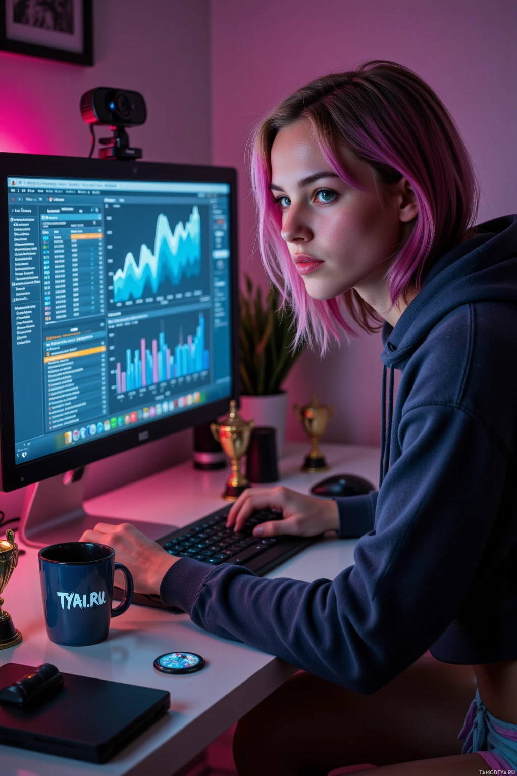 A person with pink hair sits at a desk, working on a computer with a monitor displaying financial data.