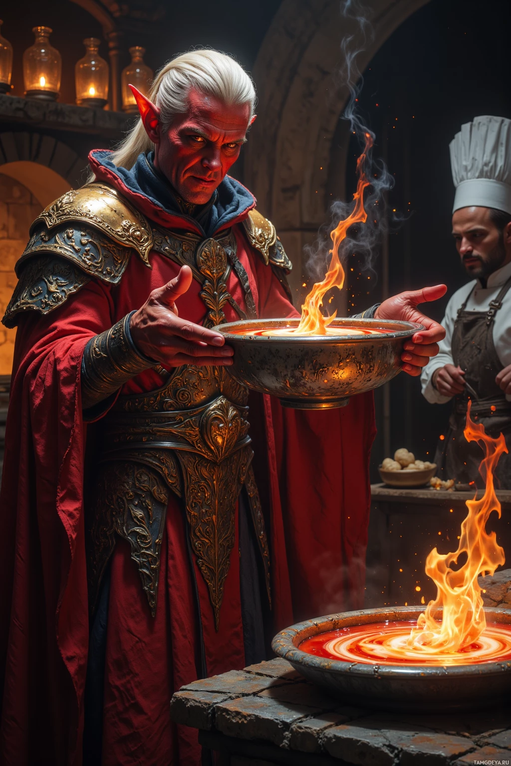 A person in elaborate medieval attire holds a bowl with a flaming liquid, while another person in a chef's hat stands nearby.