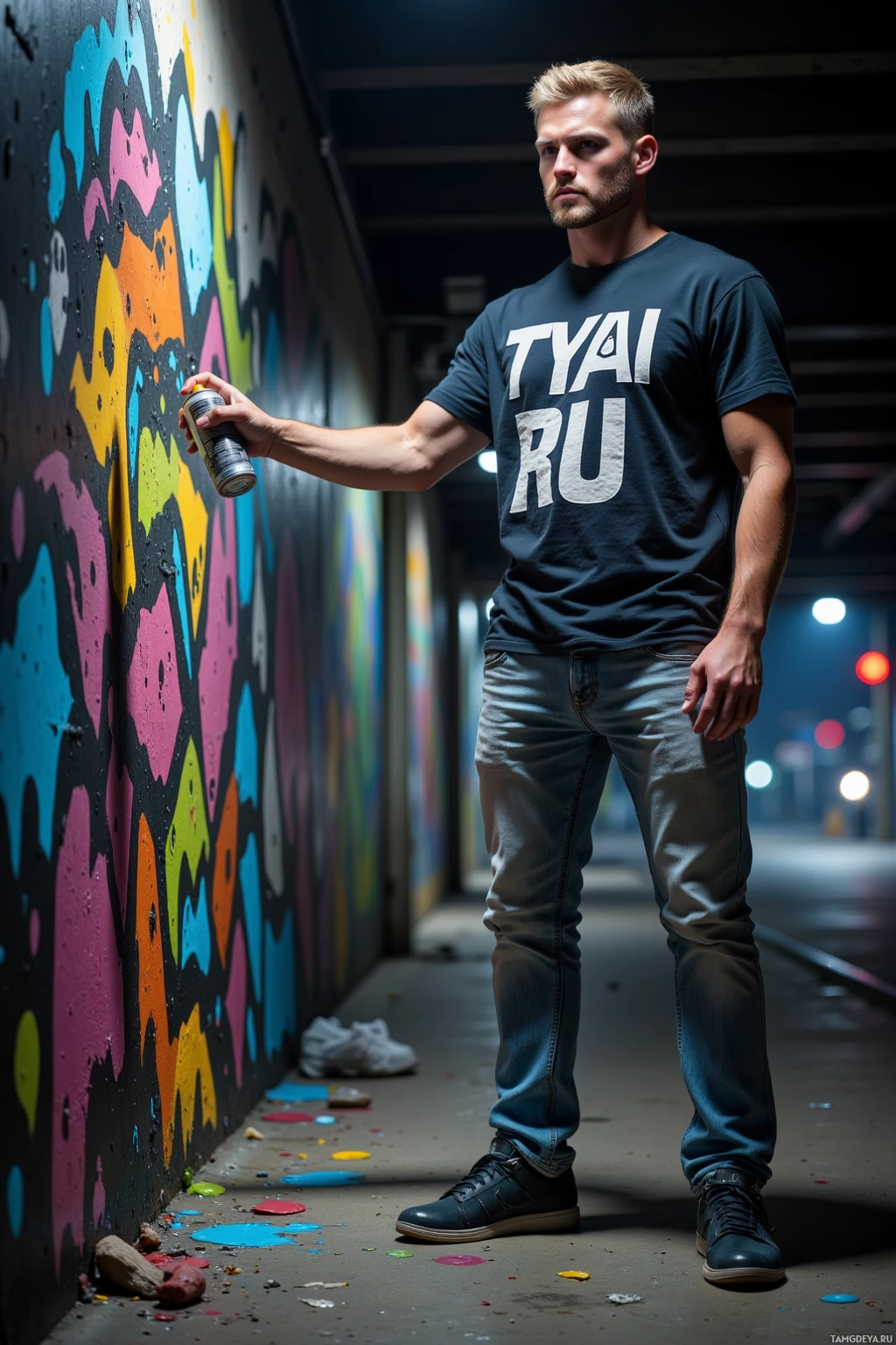 A man stands in a dimly lit alleyway, holding a spray paint can near a wall covered in colorful graffiti.