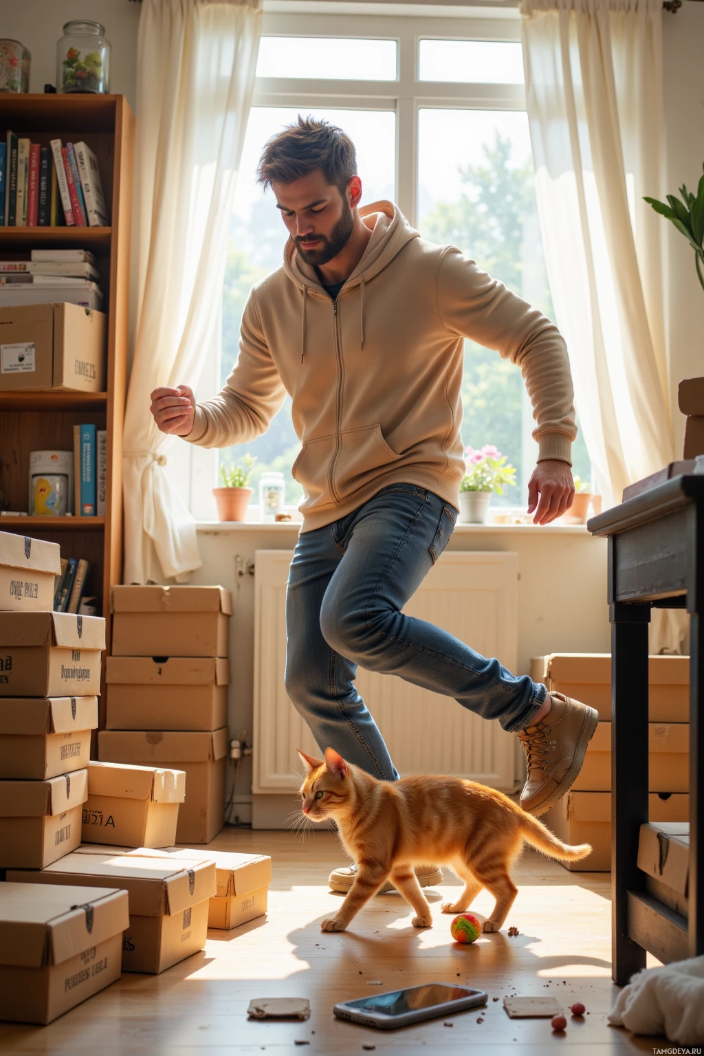 A man in a beige hoodie and jeans is moving boxes in a room with a cat nearby.