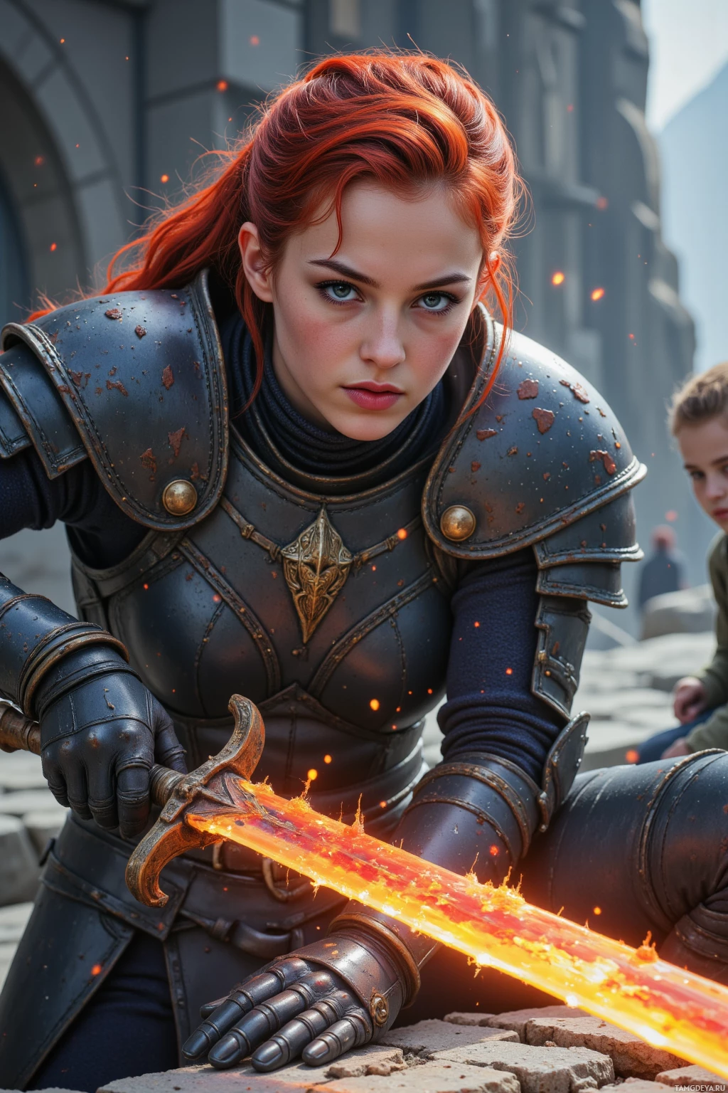 A woman in dark armor holds a glowing sword, with a castle in the background.